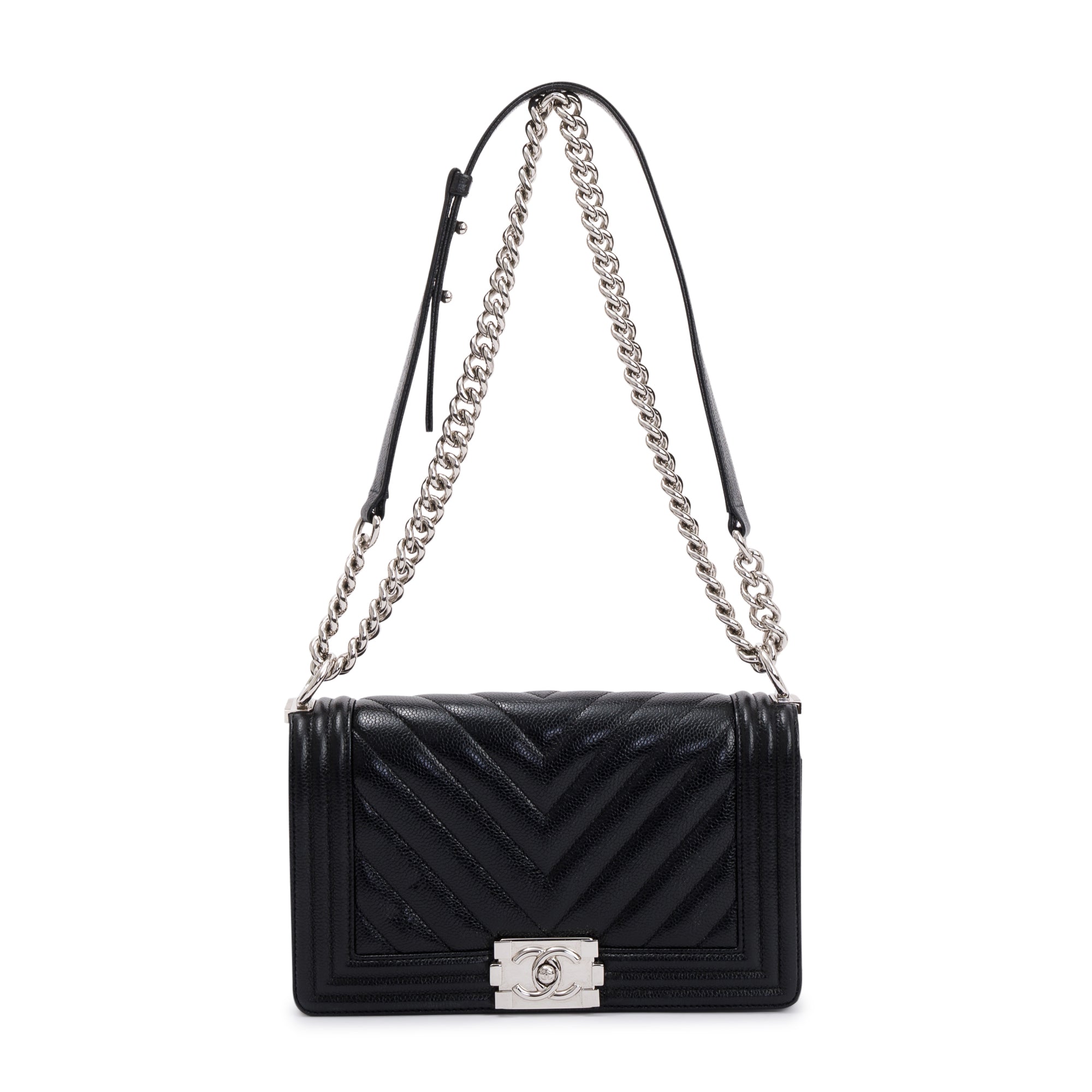 Chanel Black Chevron Caviar Medium Boy Bag w/ Box & Authenticity Card