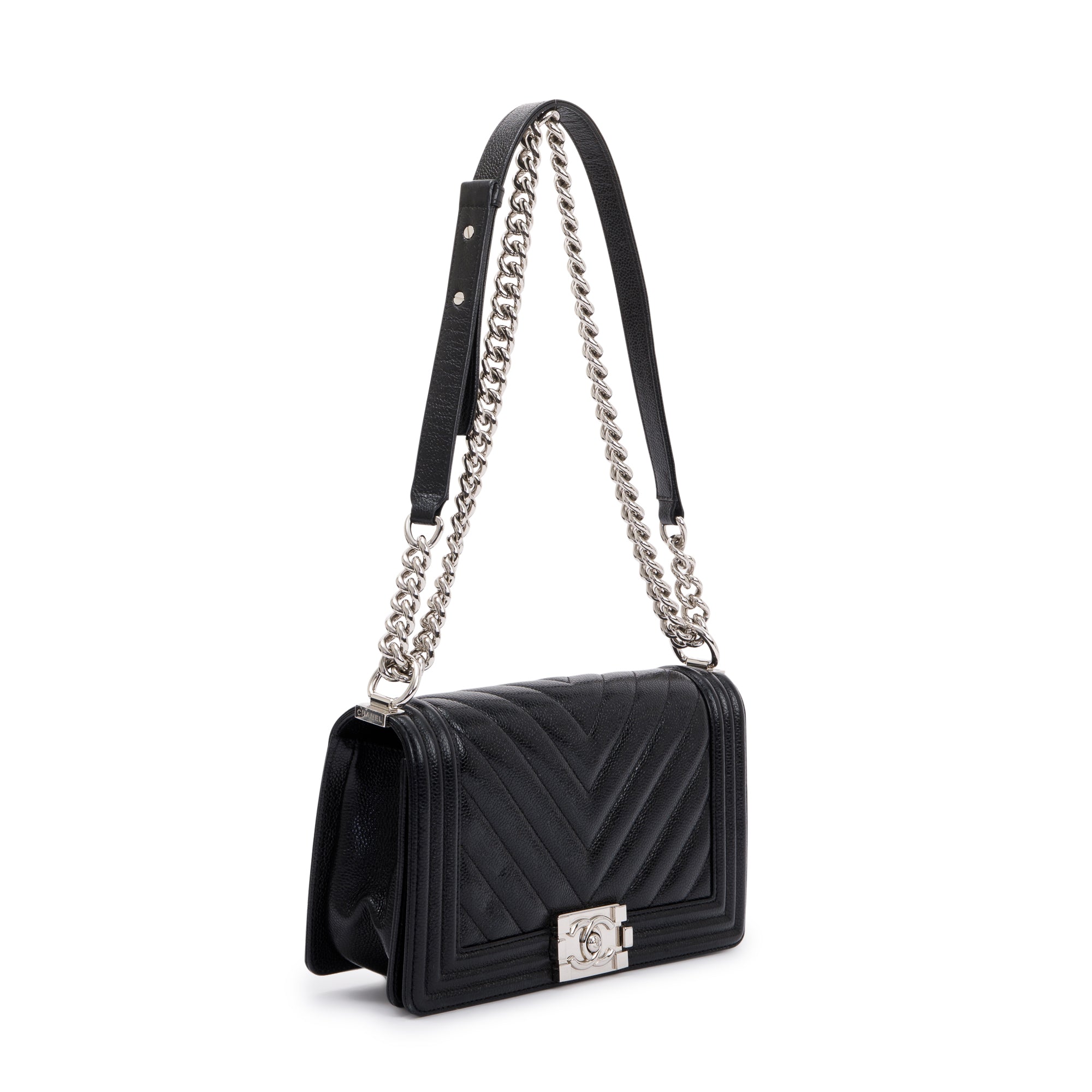 Chanel Black Chevron Caviar Medium Boy Bag w/ Box & Authenticity Card