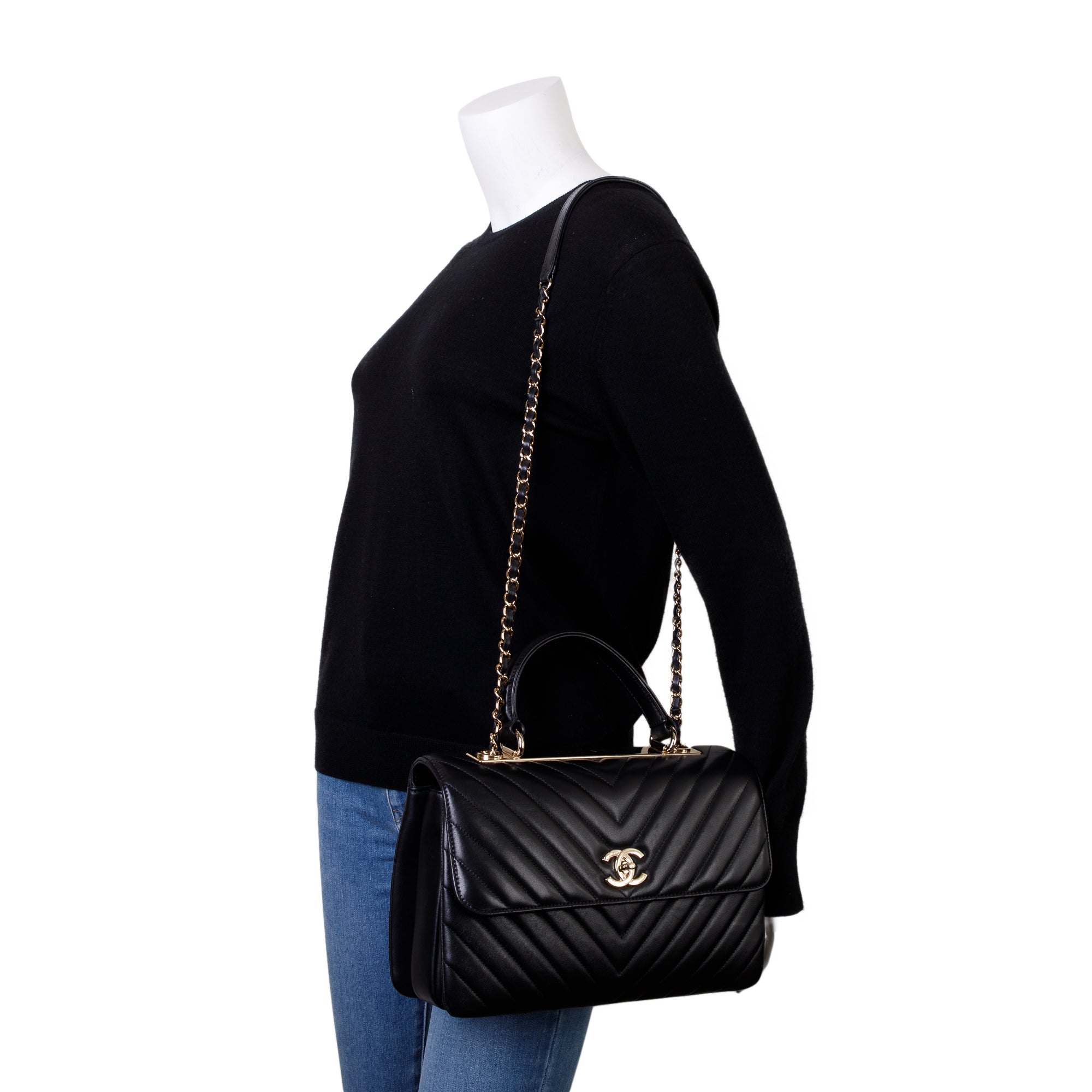 Chanel Black Chevron Lambskin Trendy CC Medium Top Handle Flap Bag w/ Box & Authenticity Card