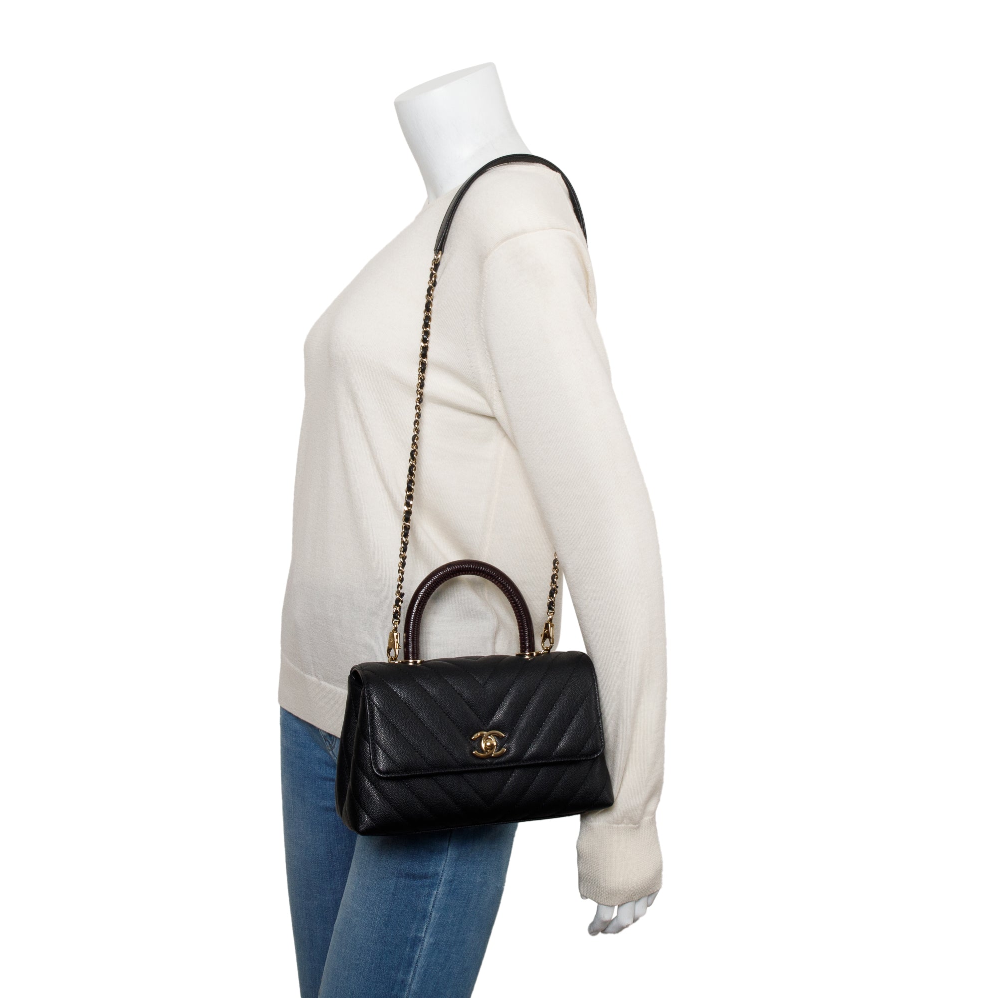 Chanel Black Chevron Quilted Caviar Leather Lizard Coco Top Handle Flap Bag w/ Strap, Box, Receipt & Authenticity Card