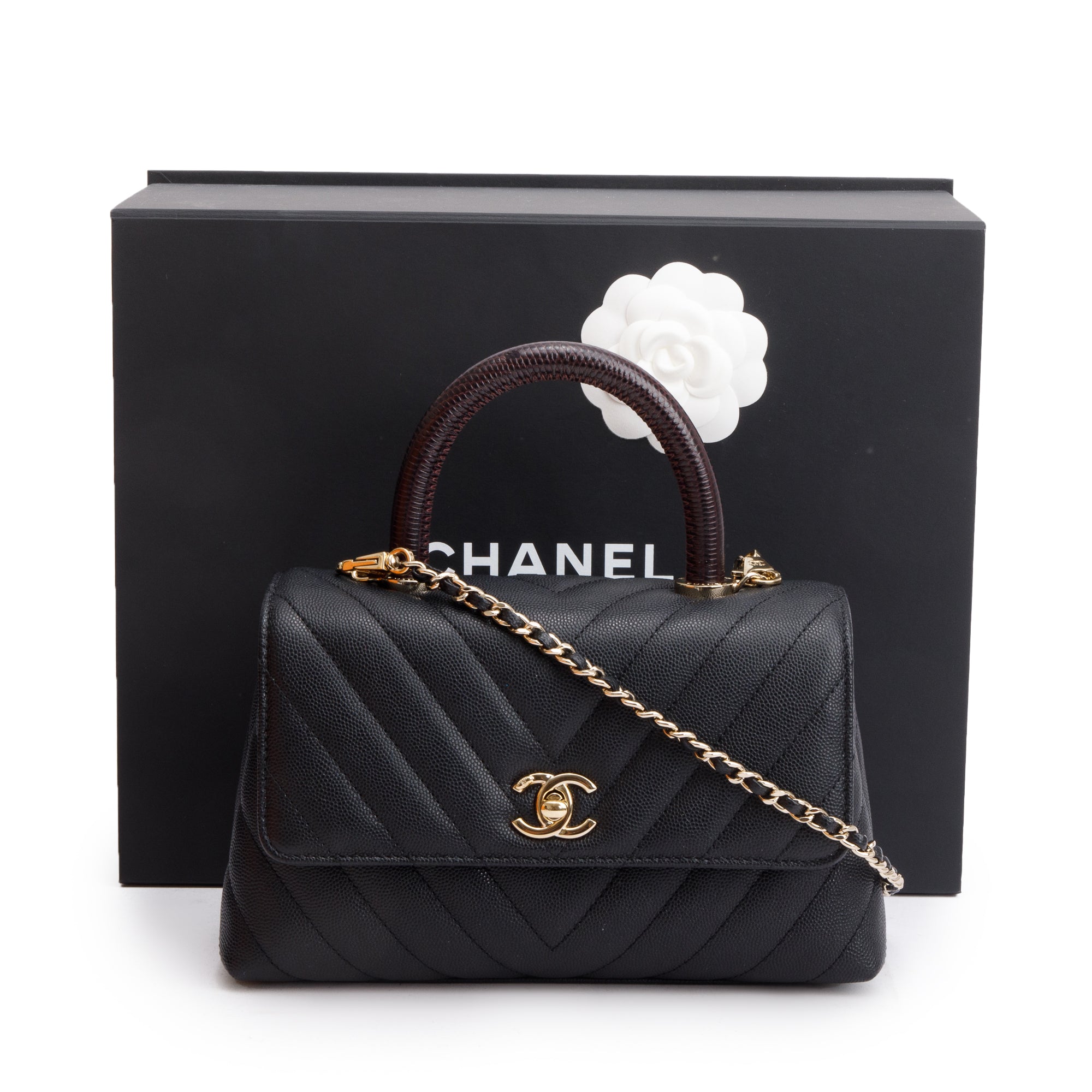 Chanel Black Chevron Quilted Caviar Leather Lizard Coco Top Handle Flap Bag w/ Strap, Box, Receipt & Authenticity Card