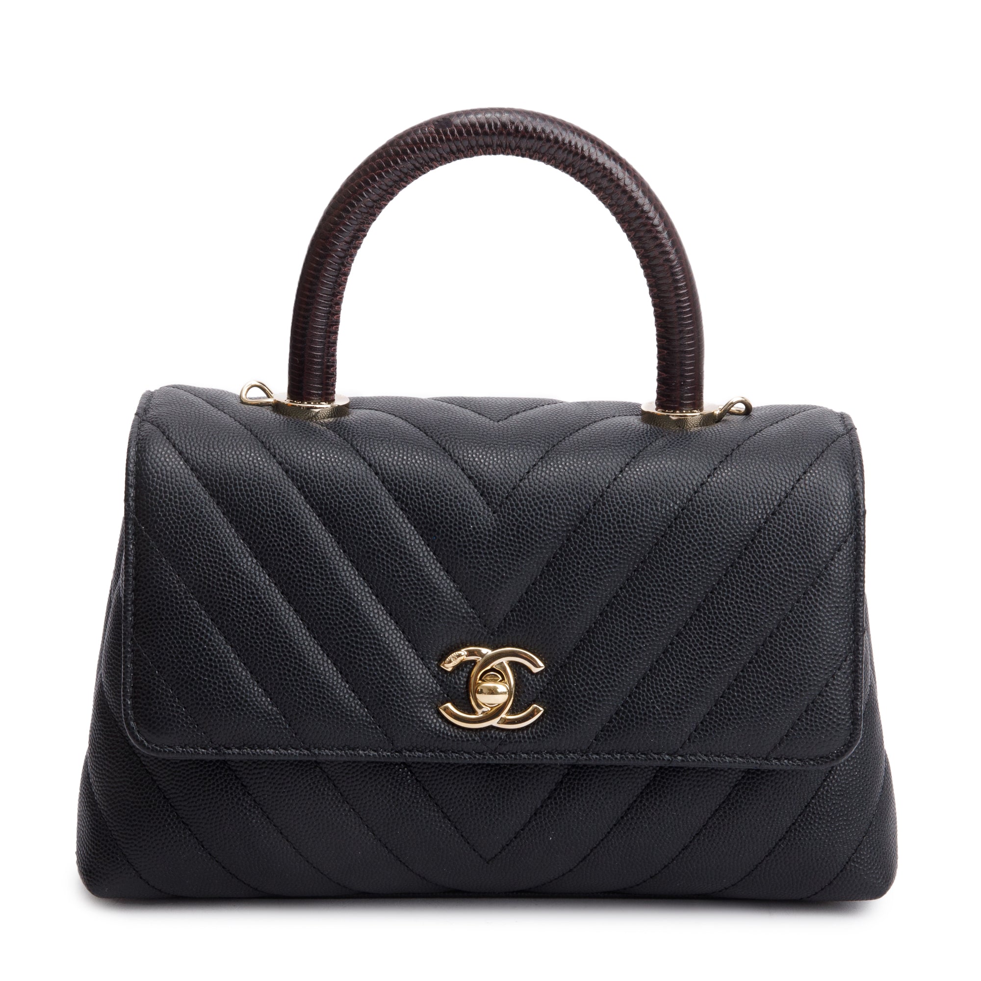 Chanel Black Chevron Quilted Caviar Leather Lizard Coco Top Handle Flap Bag w/ Strap, Box, Receipt & Authenticity Card