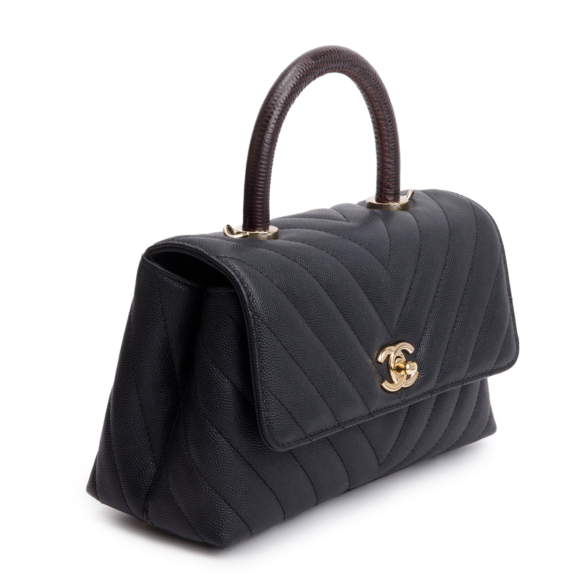 Chanel Black Chevron Quilted Caviar Leather Lizard Coco Top Handle Flap Bag w/ Strap, Box, Receipt & Authenticity Card