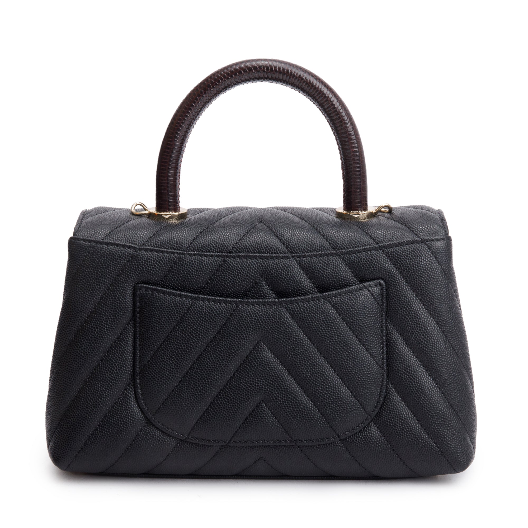 Chanel Black Chevron Quilted Caviar Leather Lizard Coco Top Handle Flap Bag w/ Strap, Box, Receipt & Authenticity Card