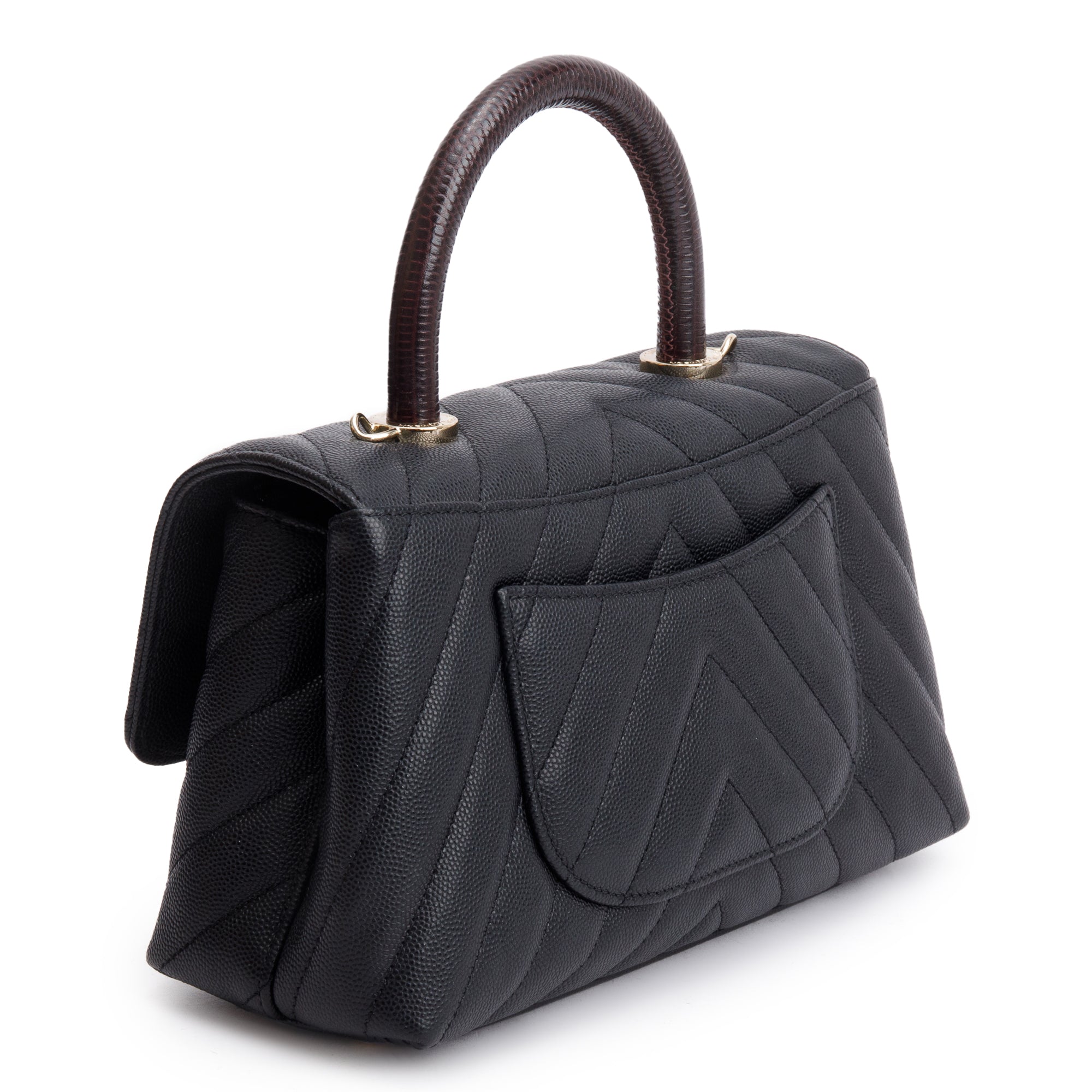Chanel Black Chevron Quilted Caviar Leather Lizard Coco Top Handle Flap Bag w/ Strap, Box, Receipt & Authenticity Card