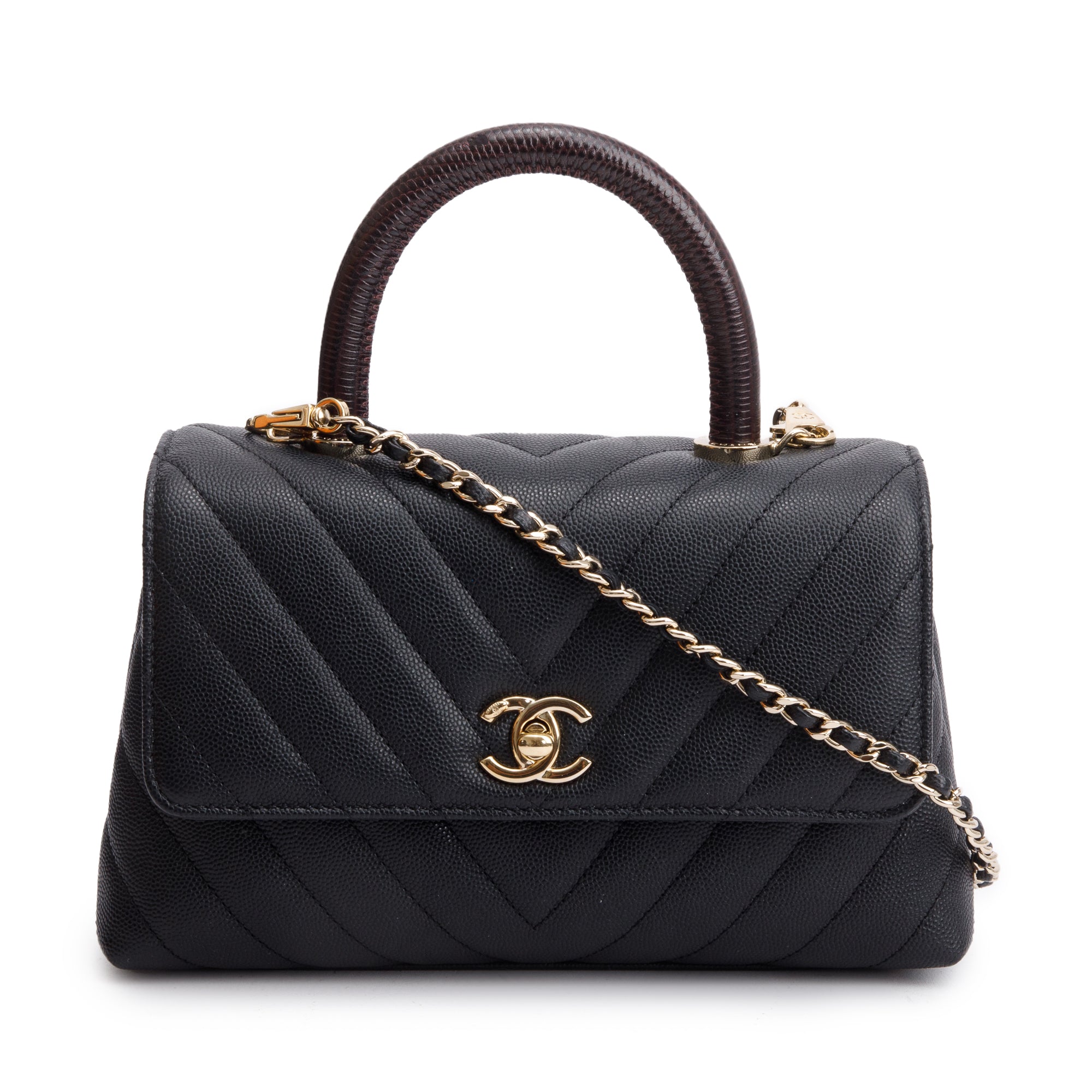 Chanel Black Chevron Quilted Caviar Leather Lizard Coco Top Handle Flap Bag w/ Strap, Box, Receipt & Authenticity Card