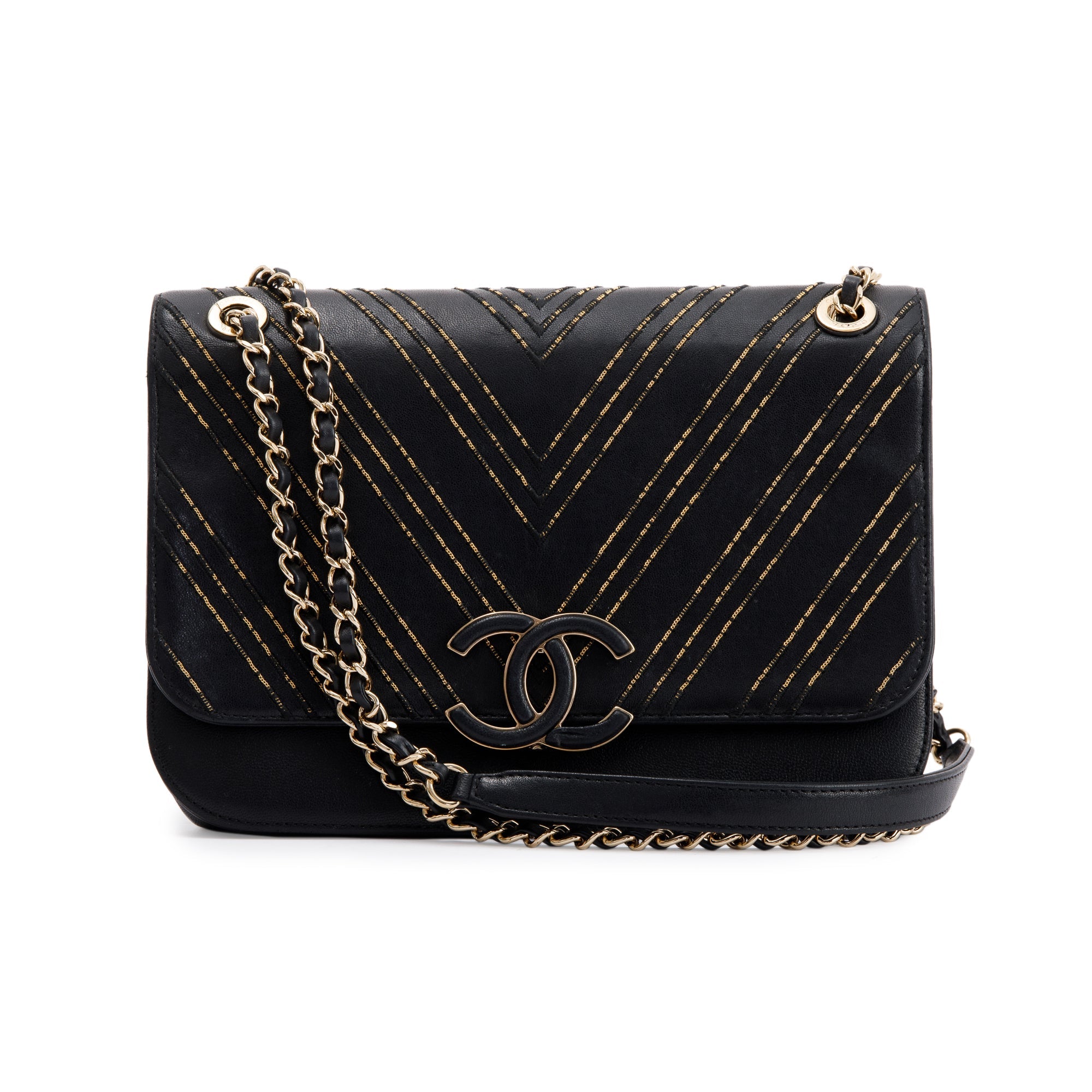 Chanel Black Chevron Subtle Flap Bag w/ Box & Authenticity Card