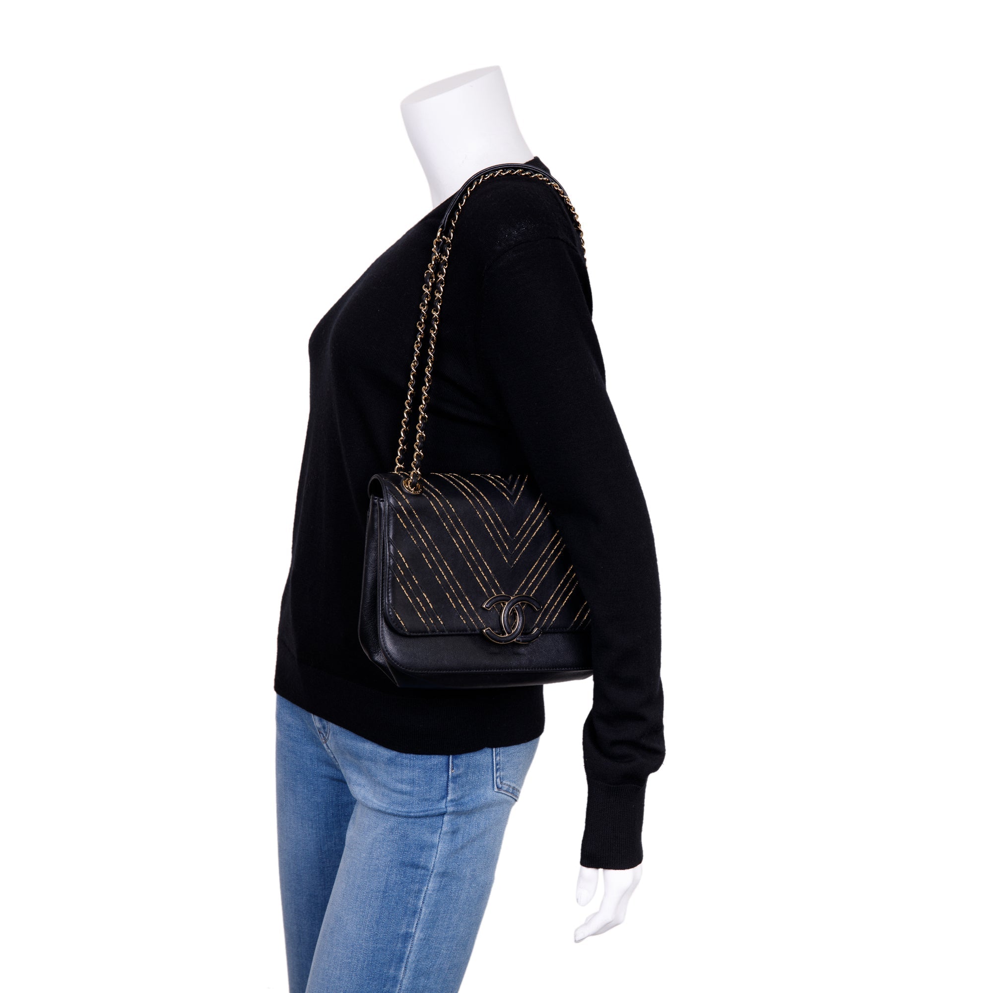 Chanel Black Chevron Subtle Flap Bag w/ Box & Authenticity Card