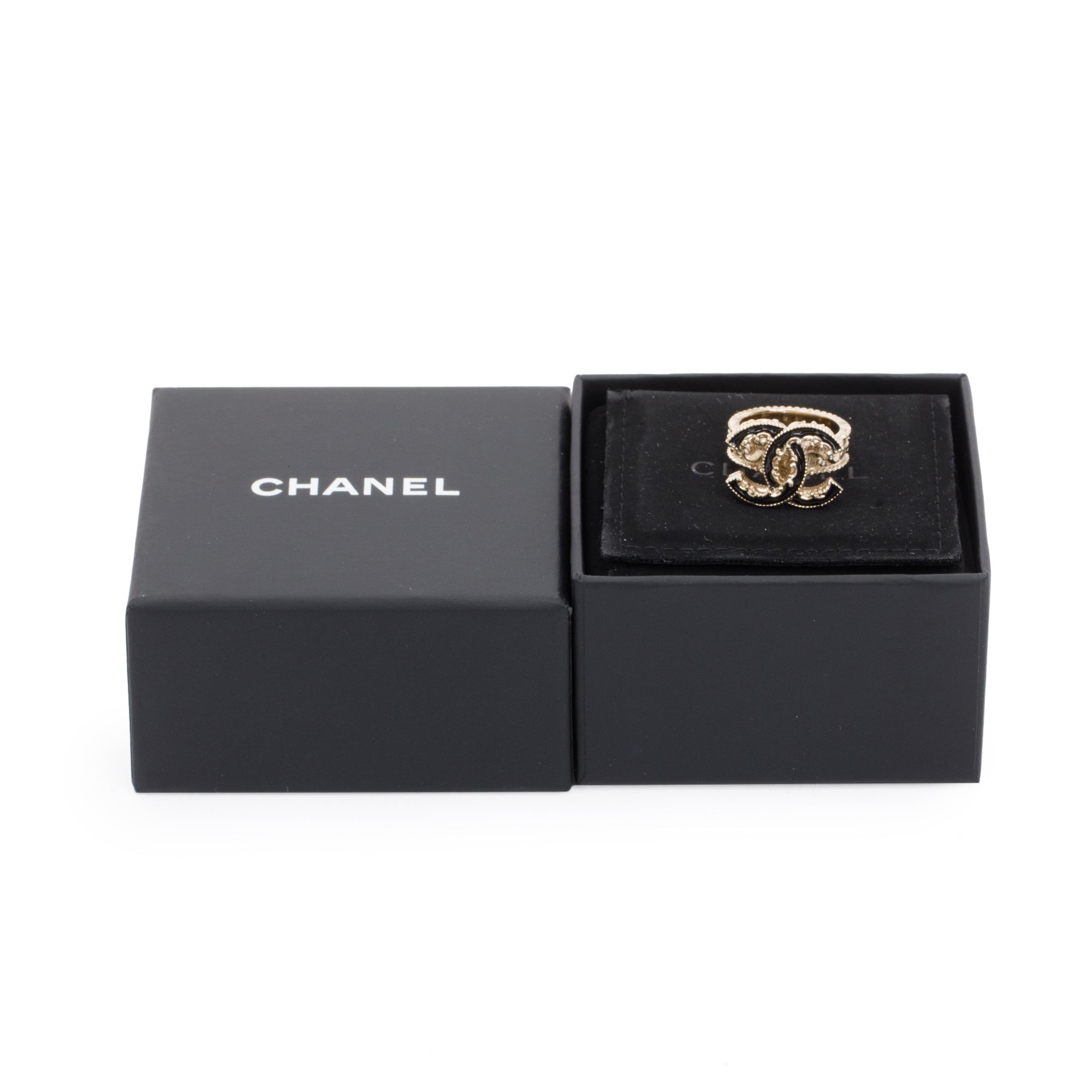 Chanel Black Enamel CC Ring, Size 6.25 w/ Box