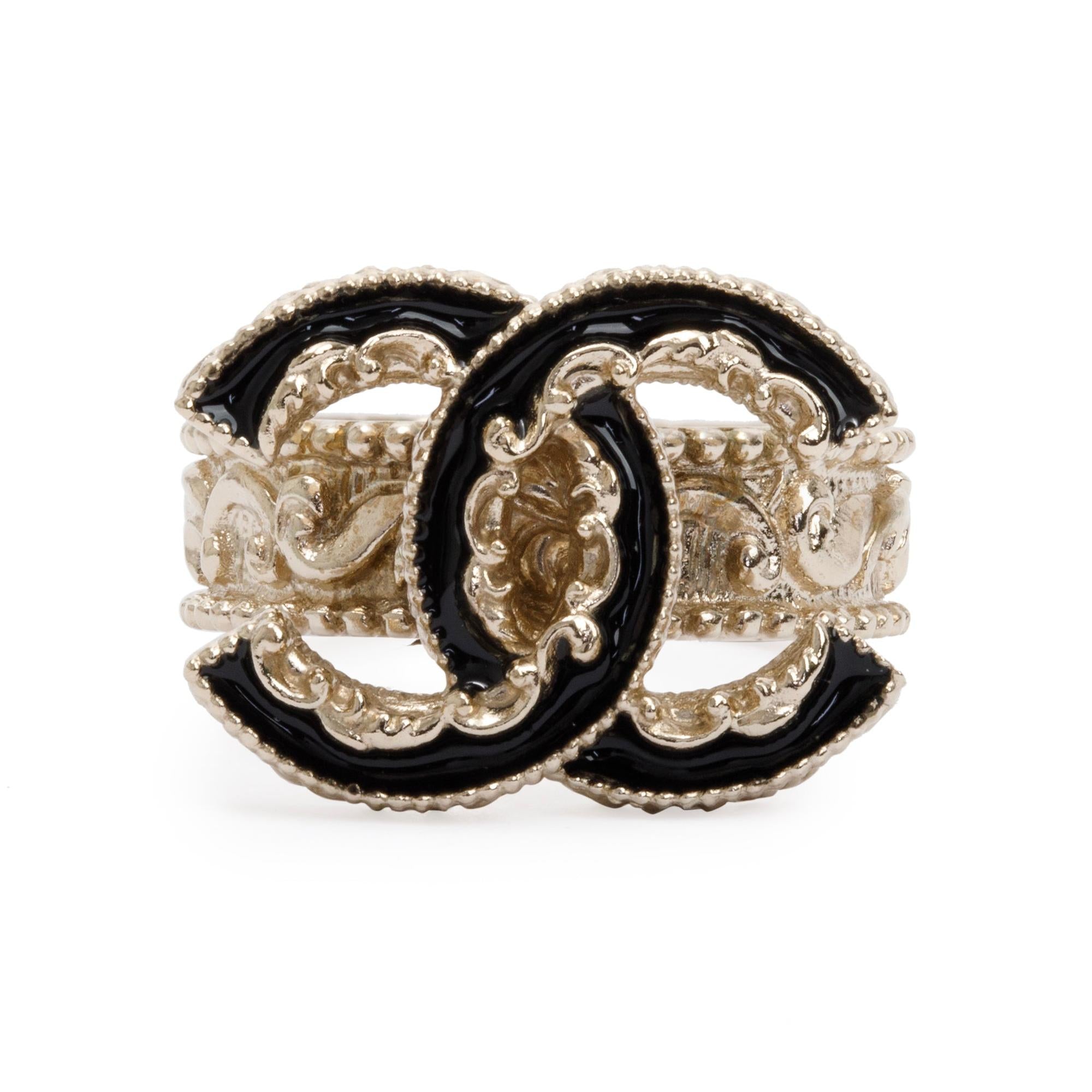 Chanel Black Enamel CC Ring, Size 6.25 w/ Box