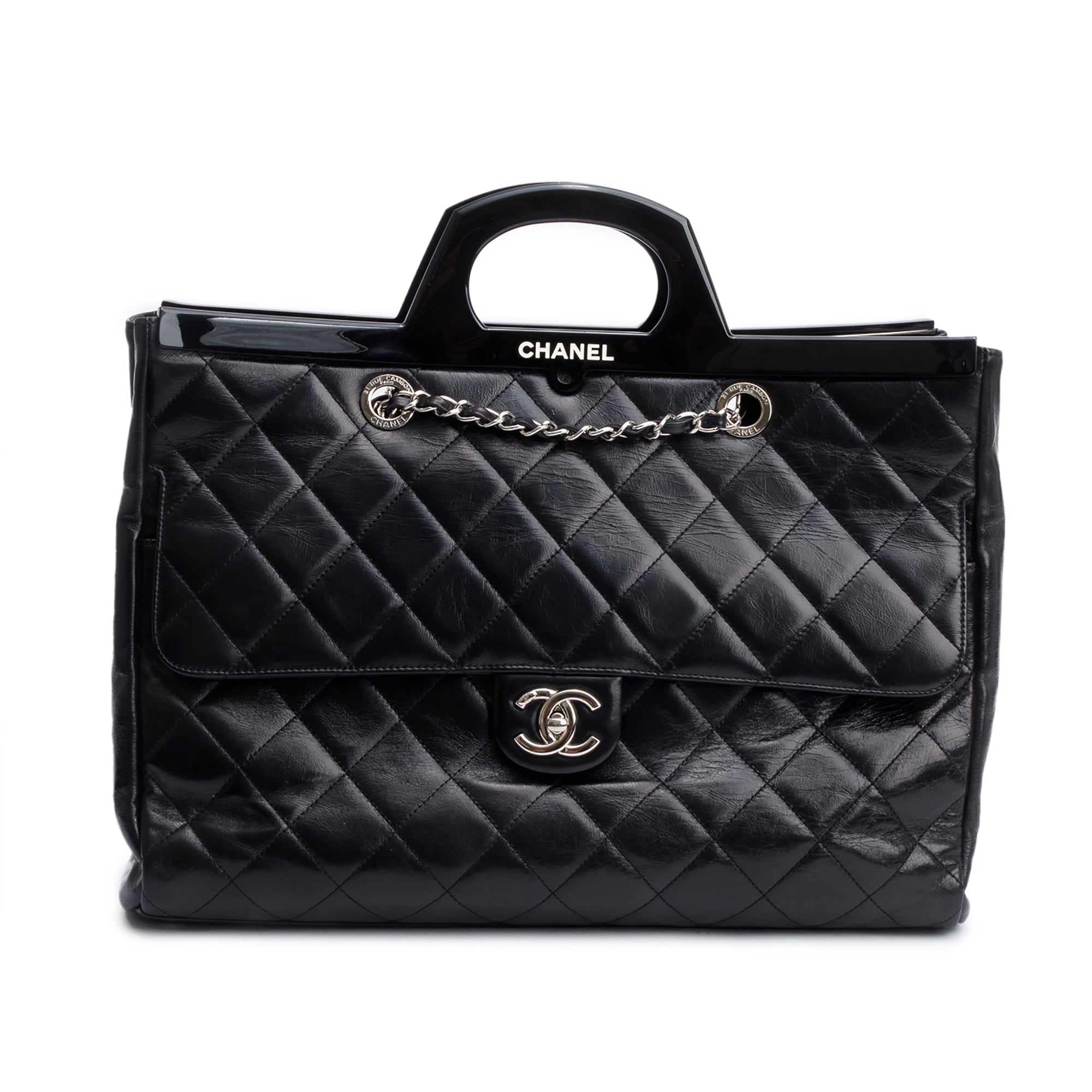 Chanel Black Glazed Calfskin Leather Large CC Delivery Tote w/ Authenticity Card