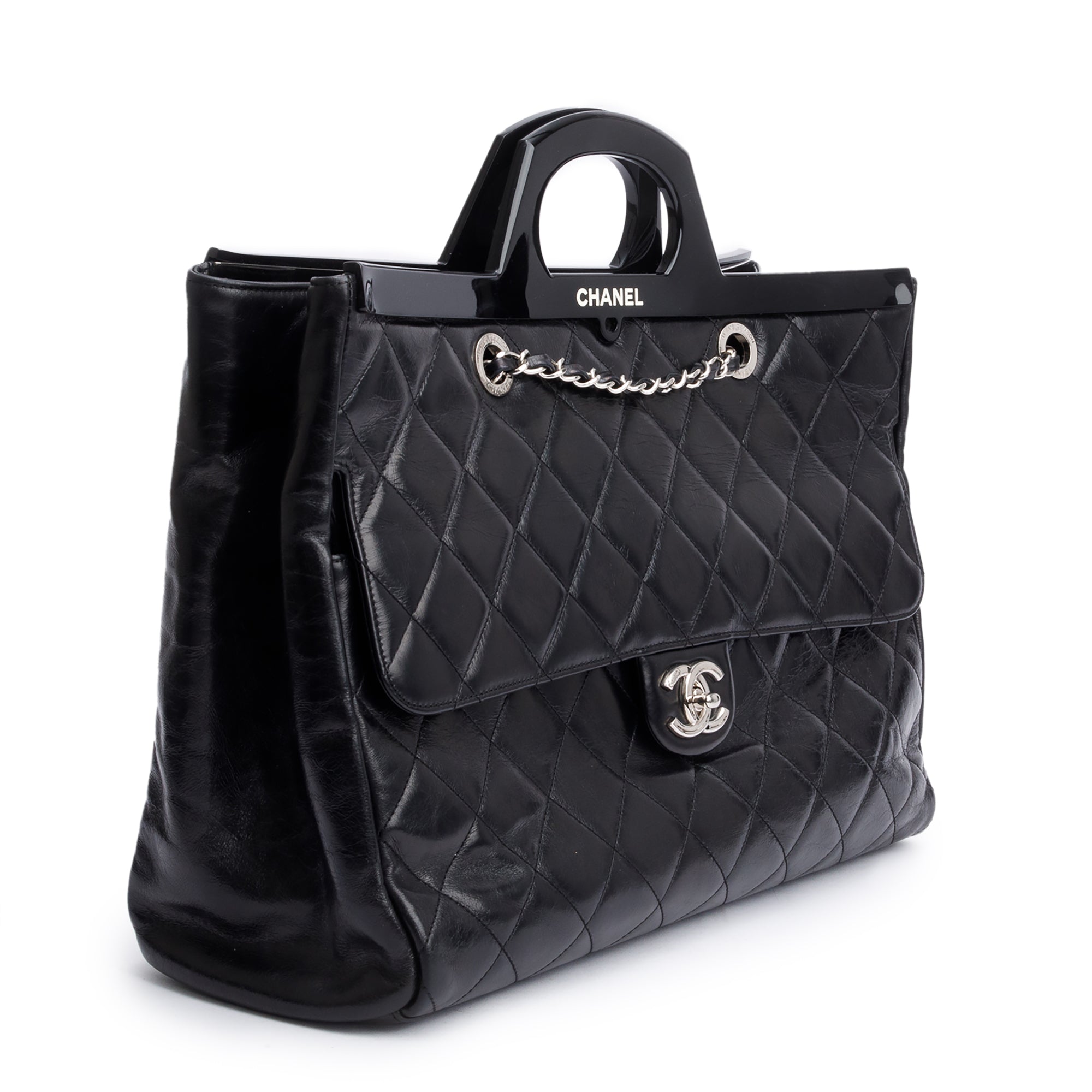 Chanel Black Glazed Calfskin Leather Large CC Delivery Tote w/ Authenticity Card