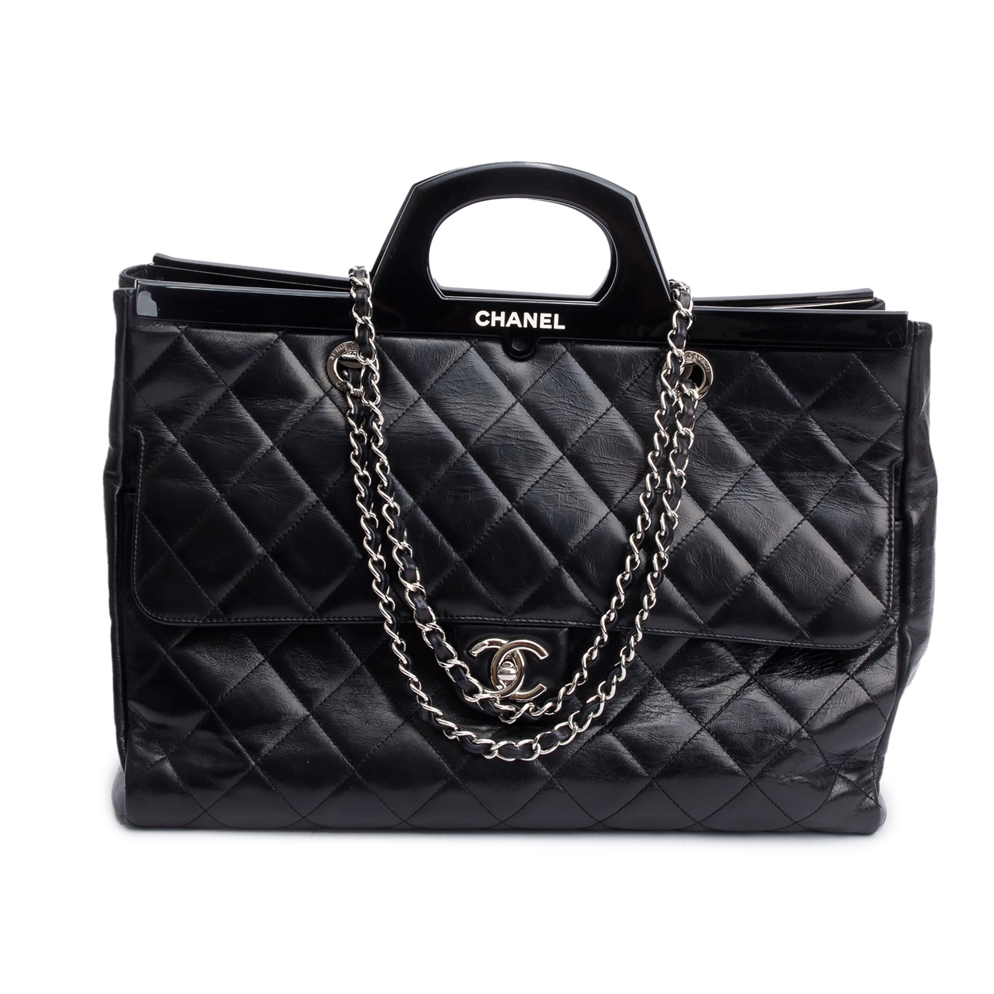 Chanel Black Glazed Calfskin Leather Large CC Delivery Tote w/ Authenticity Card