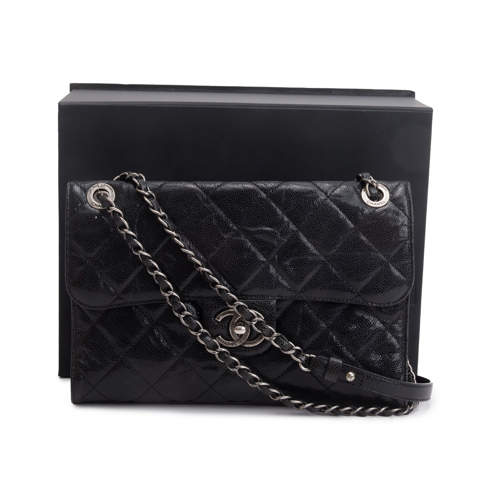 Chanel Black Glazed Caviar Leather Medium CC Crave Flap Bag w/ Box & Authenticity Card