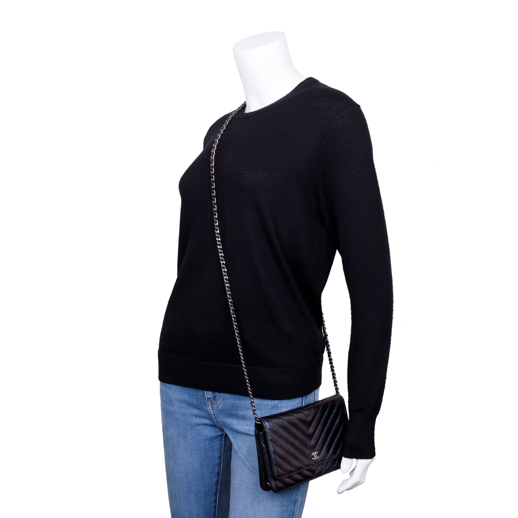 Chanel Black Iridescent Caviar Leather Chevron Wallet on Chain w/ Box & Authenticity Card