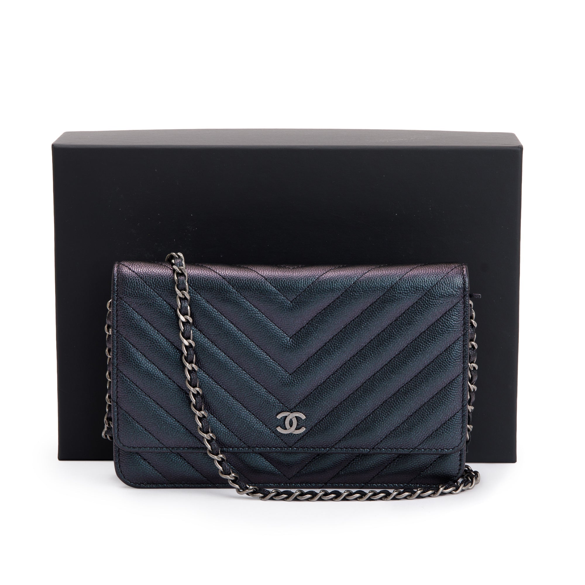 Chanel Black Iridescent Caviar Leather Chevron Wallet on Chain w/ Box & Authenticity Card