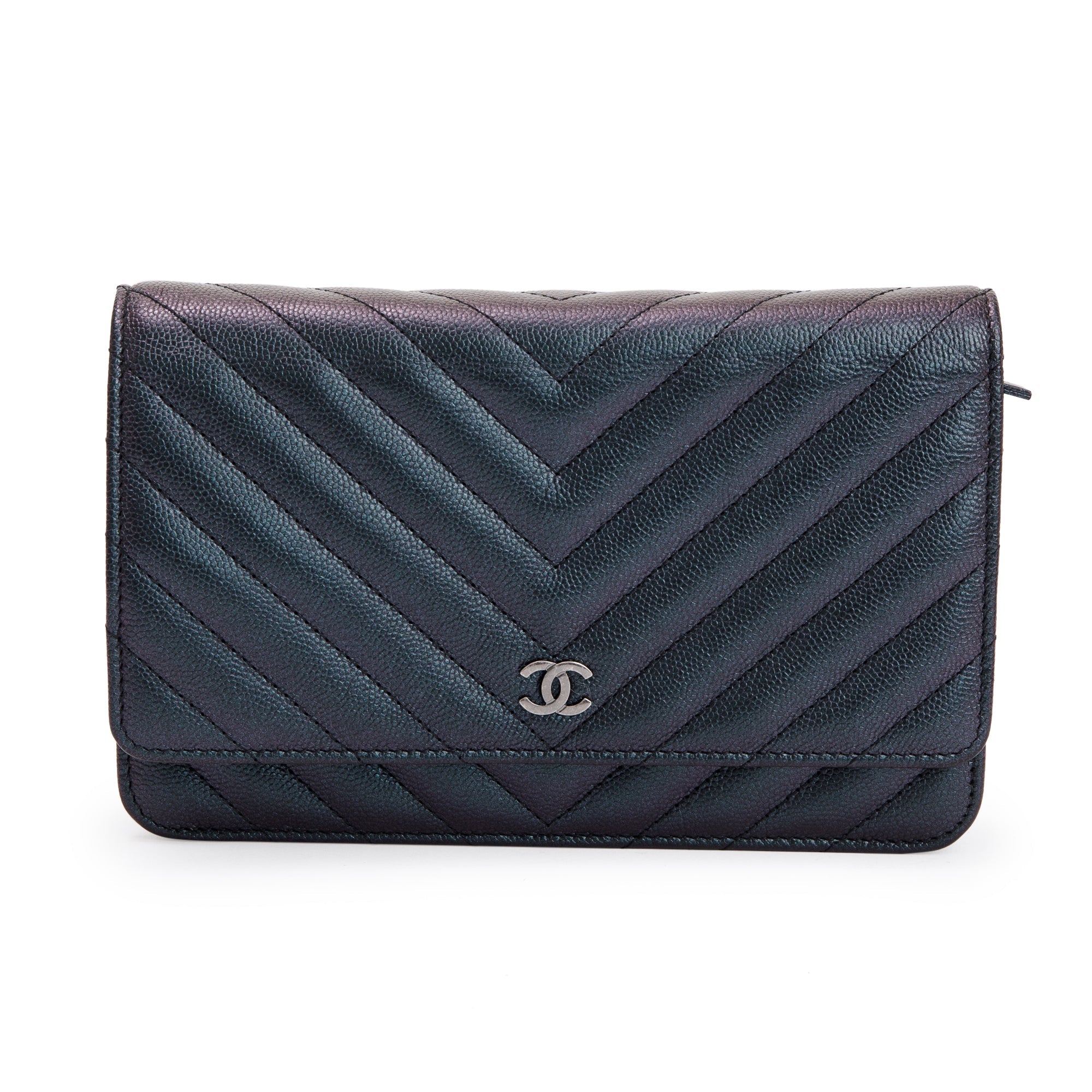 Chanel Black Iridescent Caviar Leather Chevron Wallet on Chain w/ Box & Authenticity Card