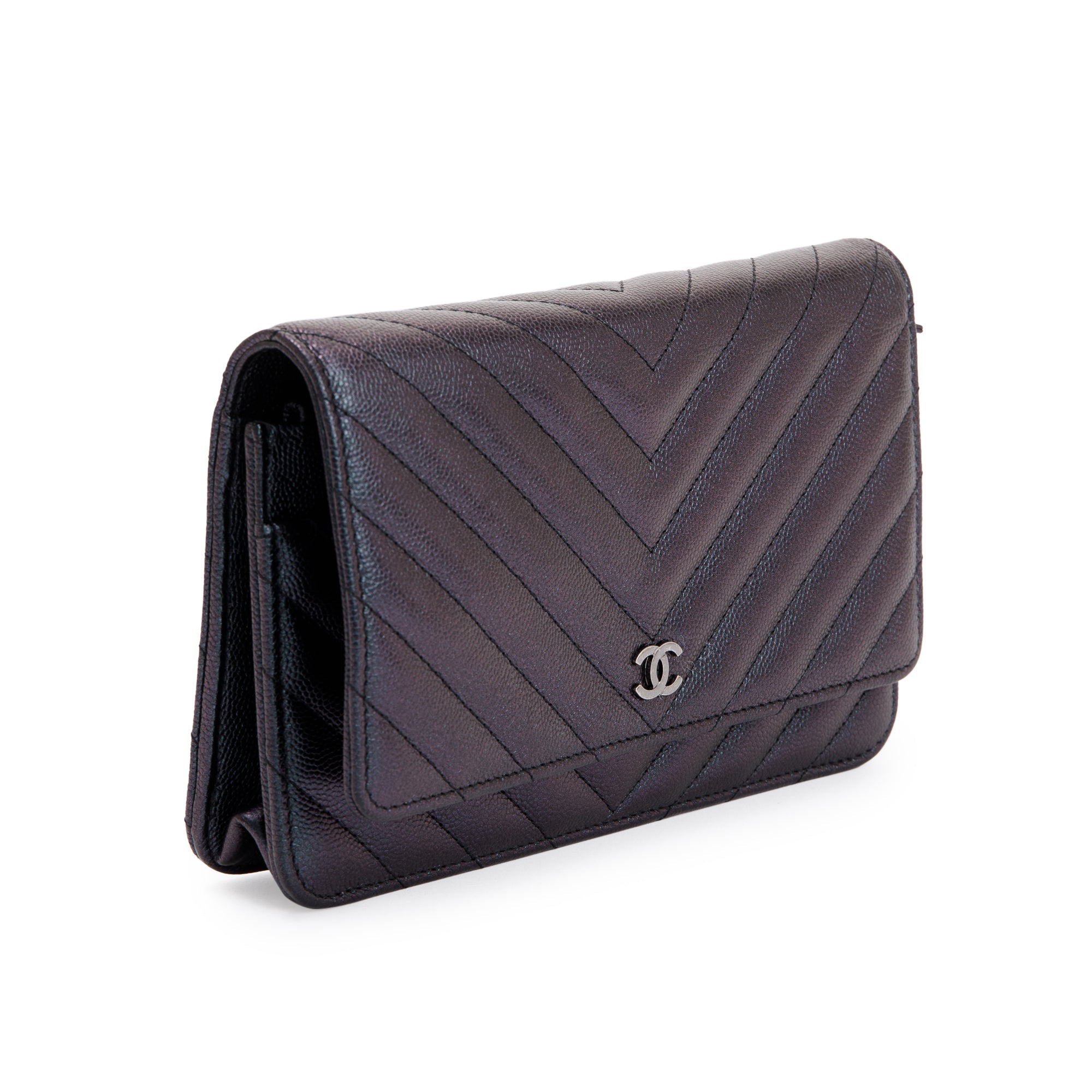 Chanel Black Iridescent Caviar Leather Chevron Wallet on Chain w/ Box & Authenticity Card