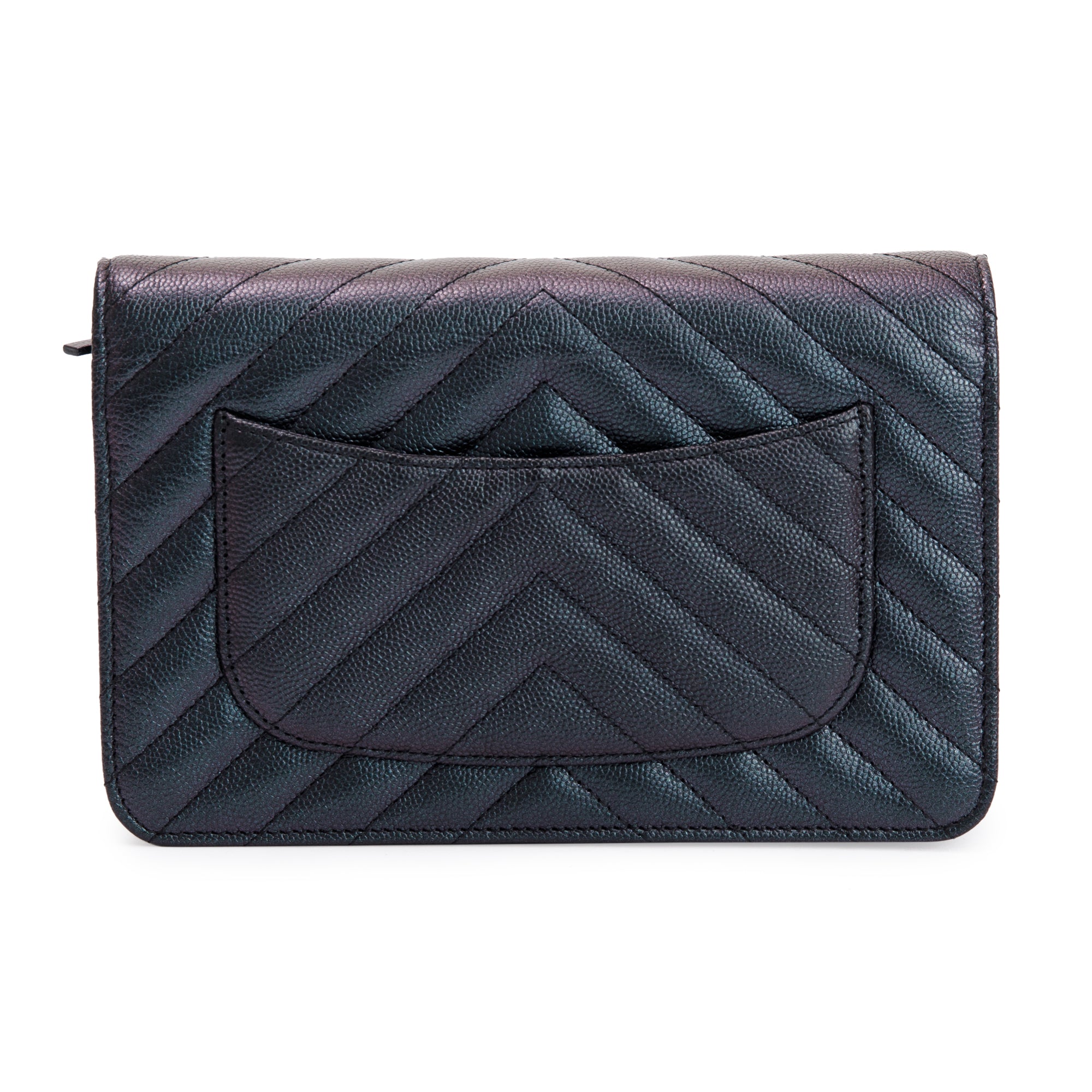 Chanel Black Iridescent Caviar Leather Chevron Wallet on Chain w/ Box & Authenticity Card