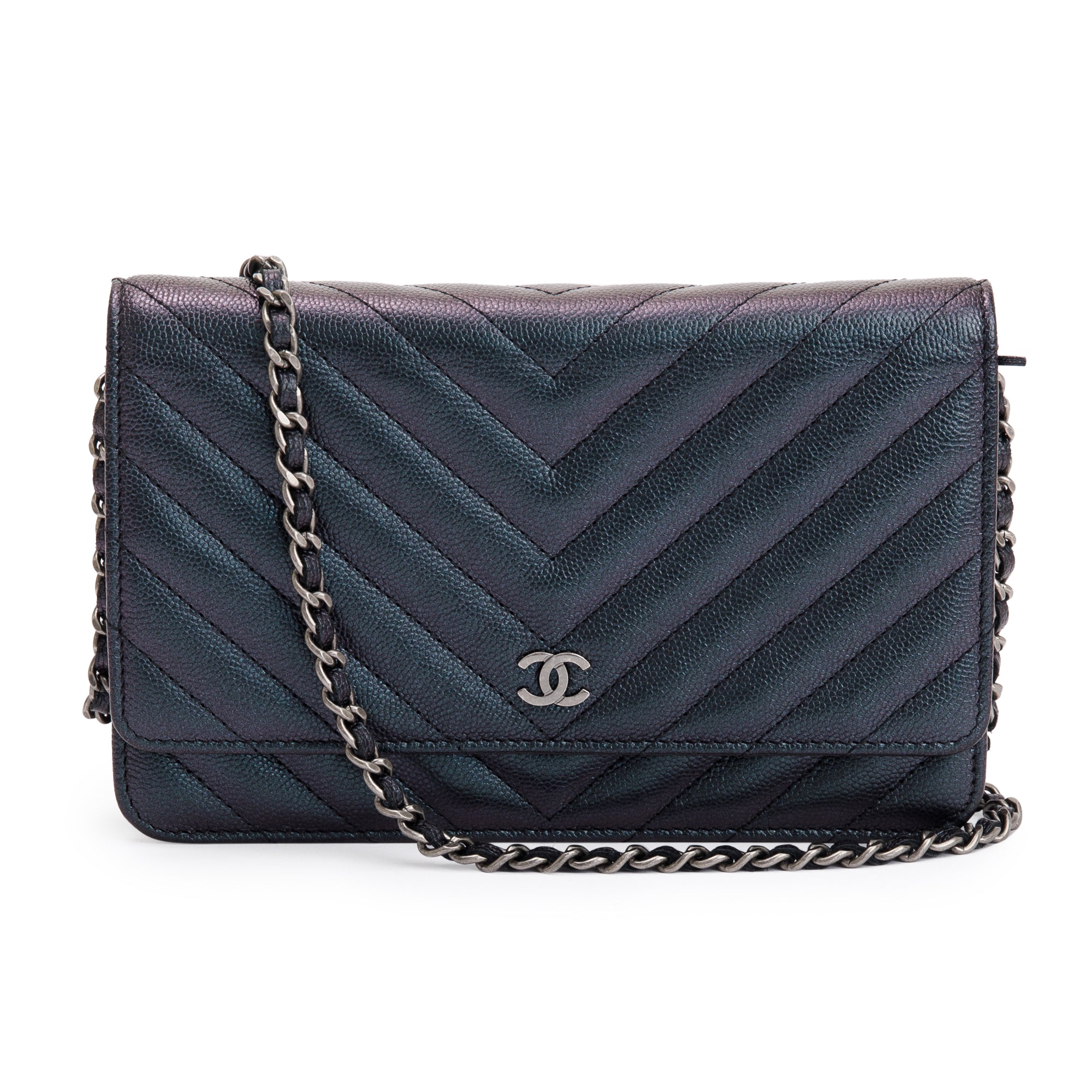 Chanel Black Iridescent Caviar Leather Chevron Wallet on Chain w/ Box & Authenticity Card