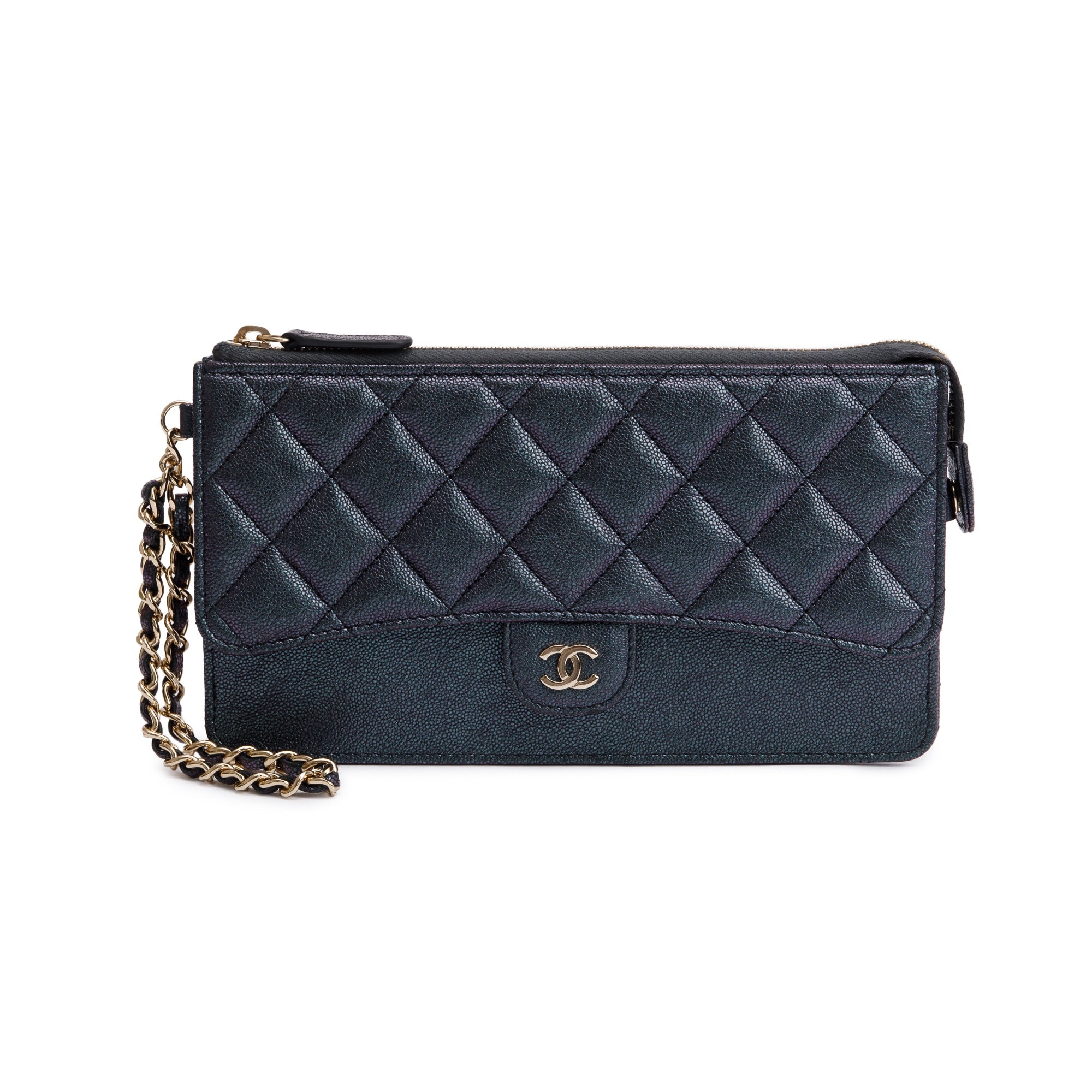 Chanel Black Iridescent Caviar Leather Classic Pouch with Handle w/ Box & Authenticity Card