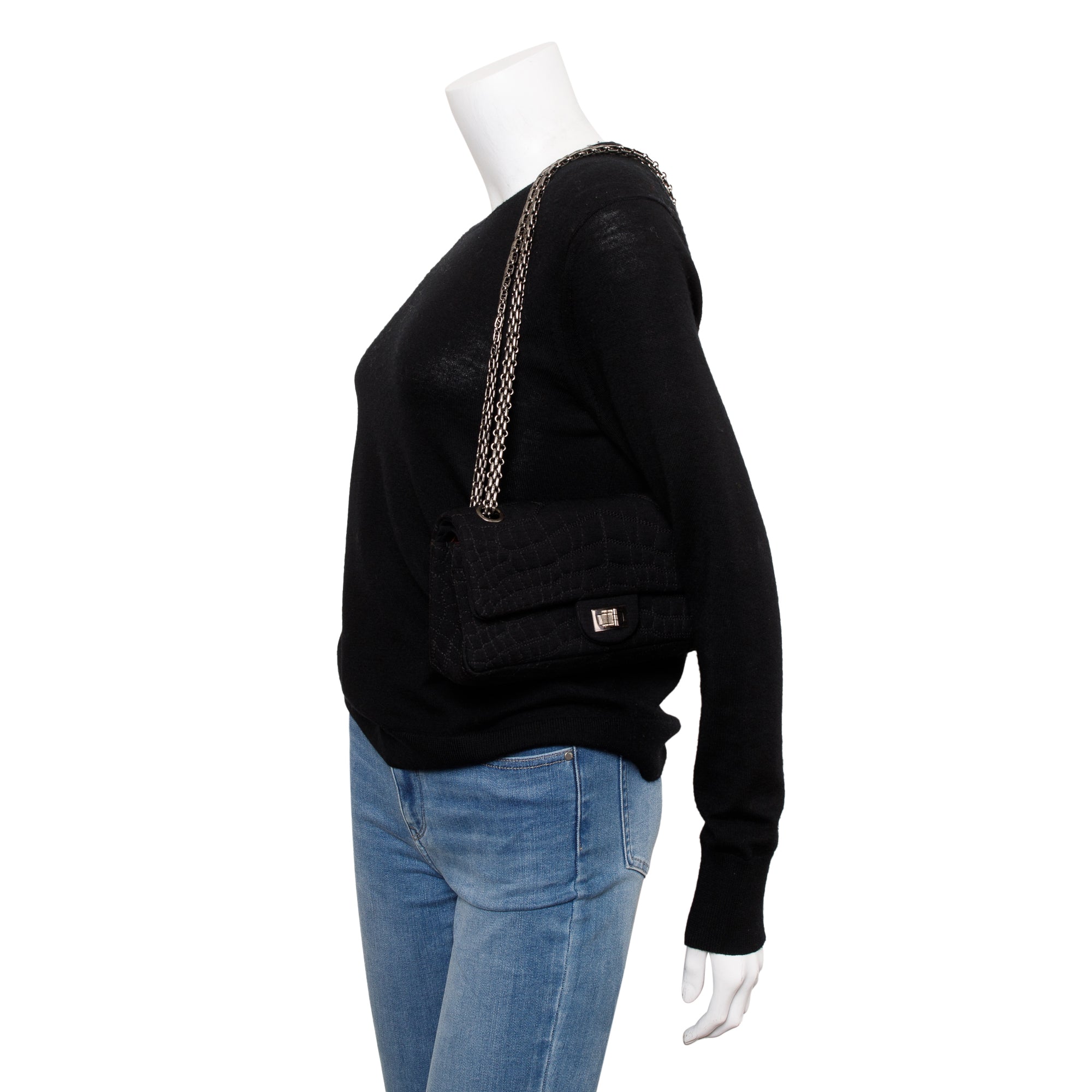 Chanel Black Jersey Coco's Croc 2.55 Reissue East/West Double Flap Bag w/ Authenticity Card