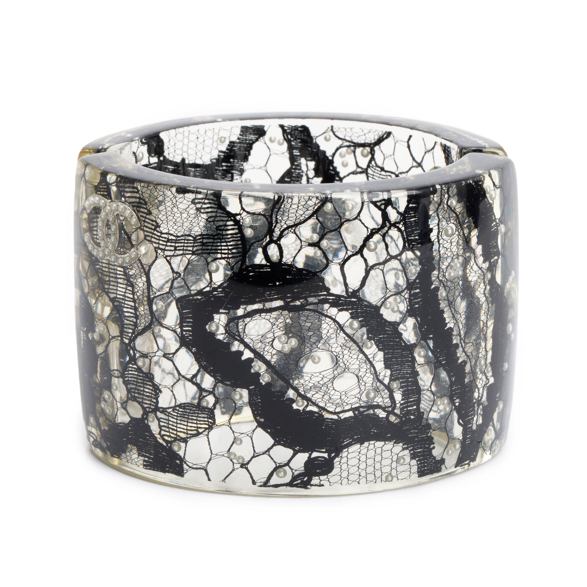 Chanel Black Lace Resin & Faux Pearl CC Hinged Bracelet