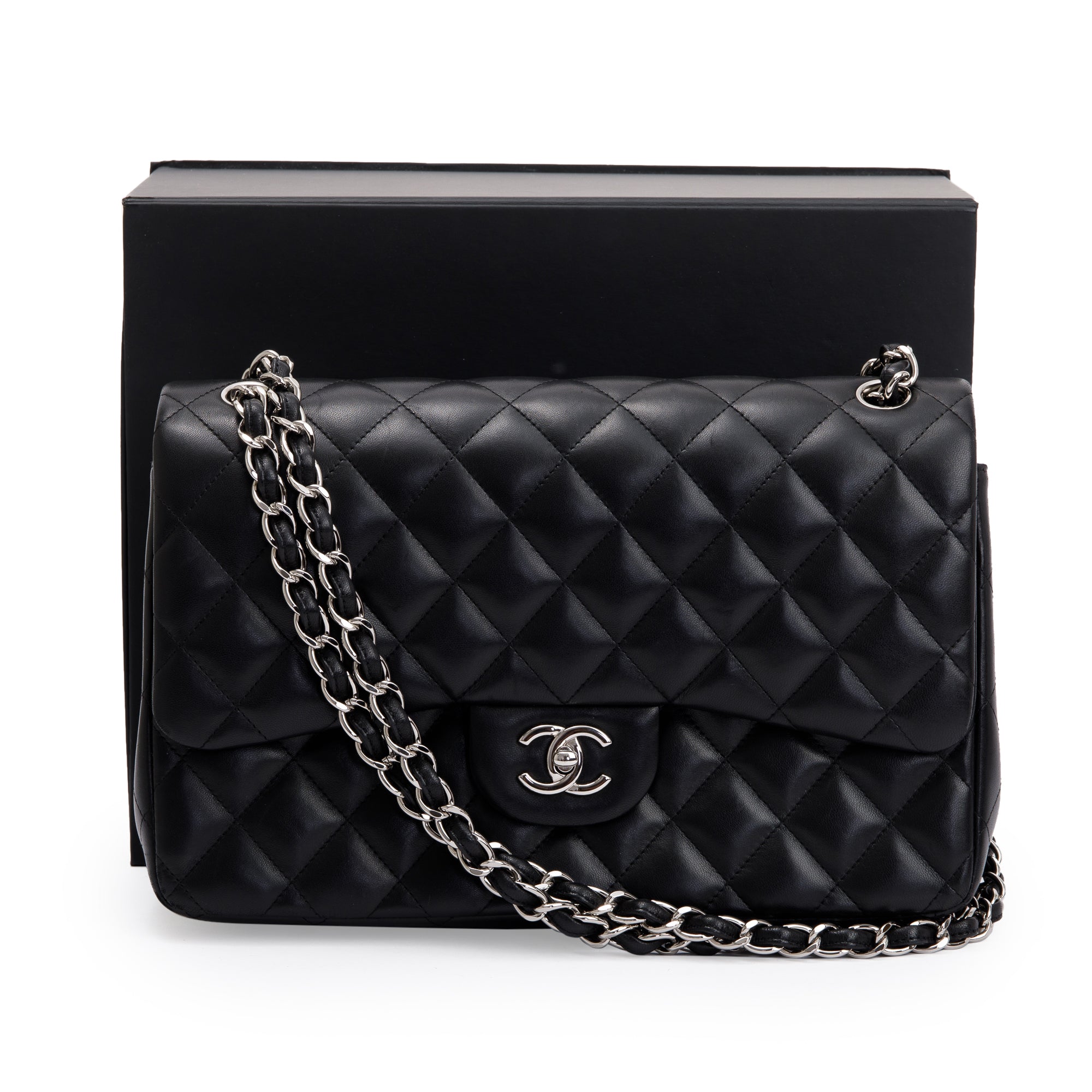 Chanel Black Lambskin Classic Jumbo Double Flap Bag w/ Box & Authenticity Card