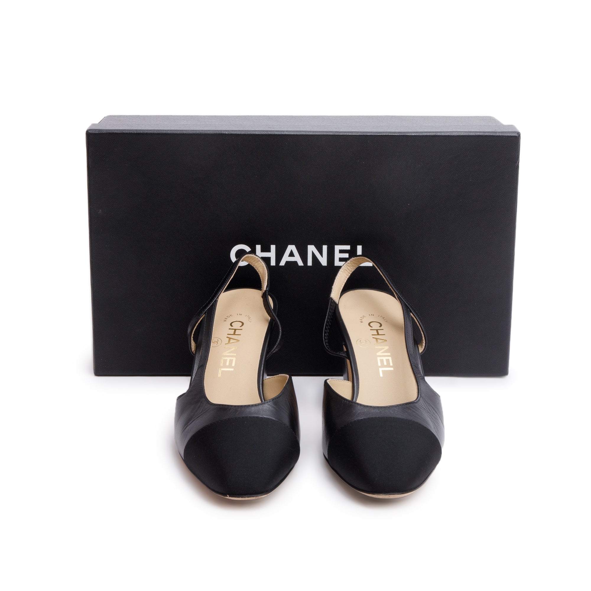 Chanel Black Lambskin Grosgrain Interlocking CC Logo Sling Back Shoes, Size 36 w/ Box