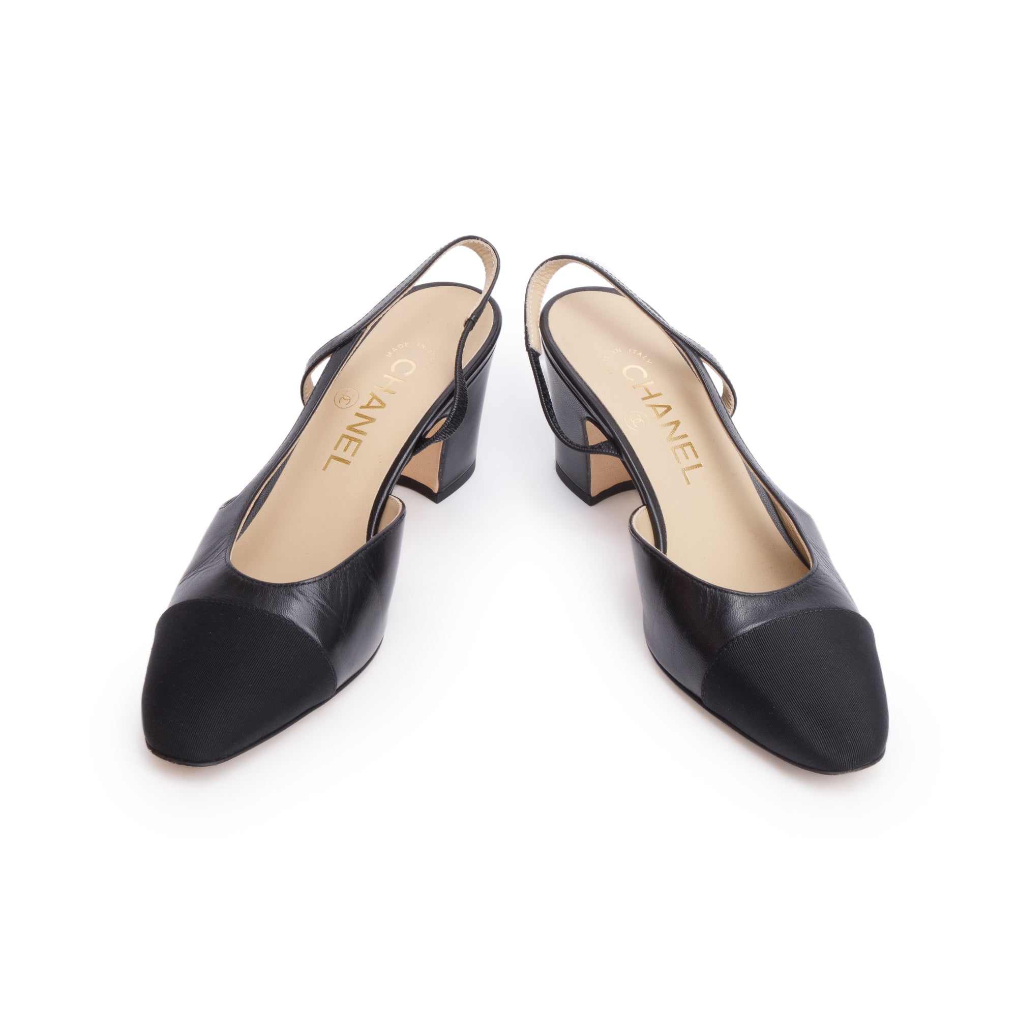 Chanel Black Lambskin Grosgrain Interlocking CC Logo Sling Back Shoes, Size 36 w/ Box