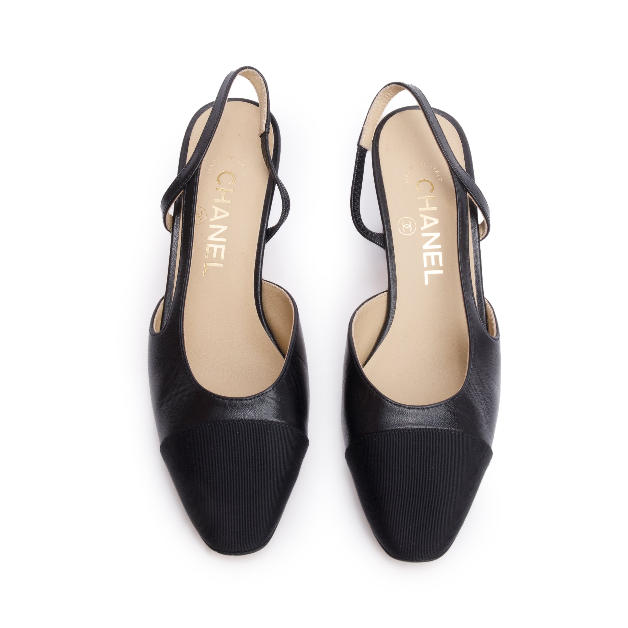 Chanel Black Lambskin Grosgrain Interlocking CC Logo Sling Back Shoes, Size 36 w/ Box