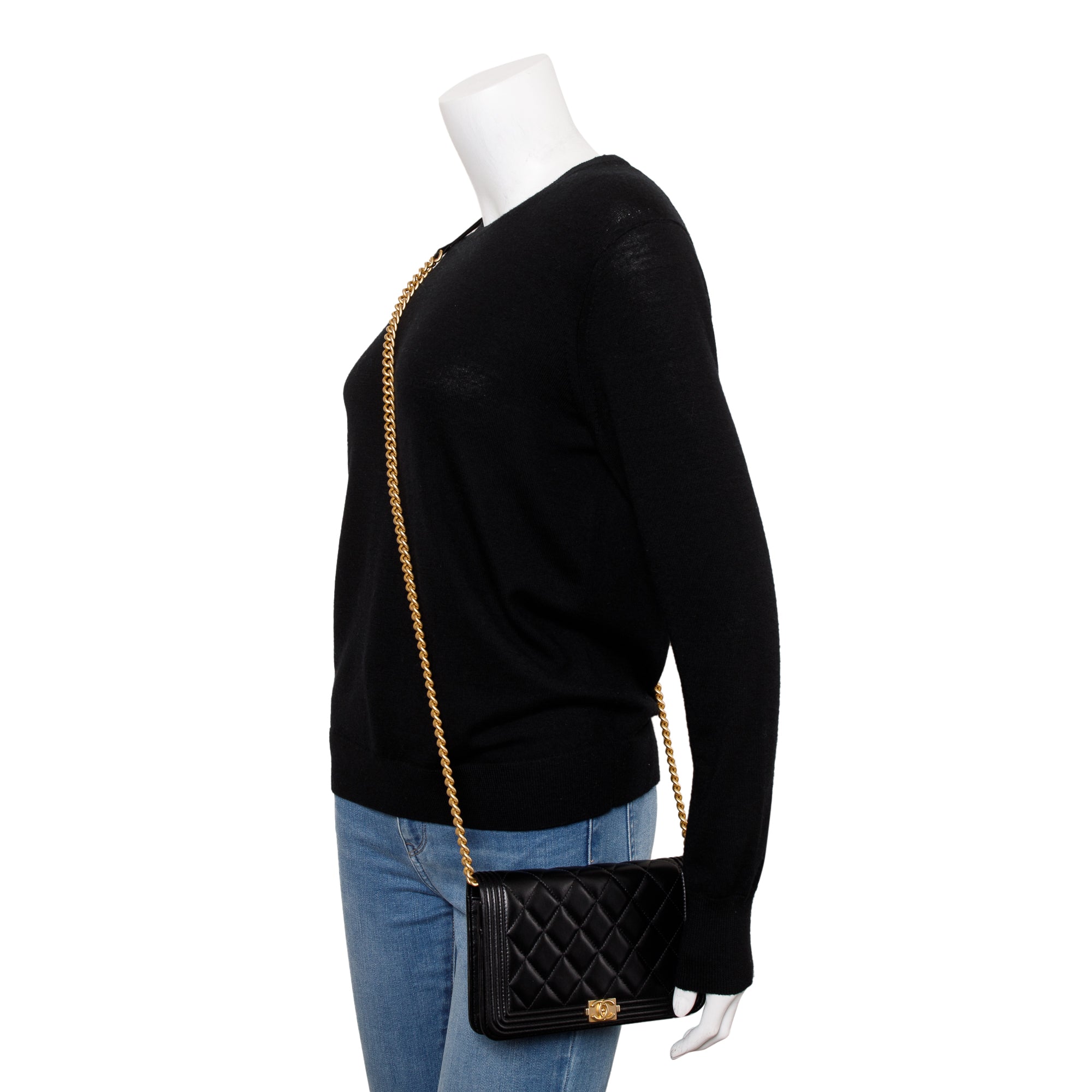 Chanel Black Lambskin Leather Boy Wallet on Chain w/ Box & Authenticity Card