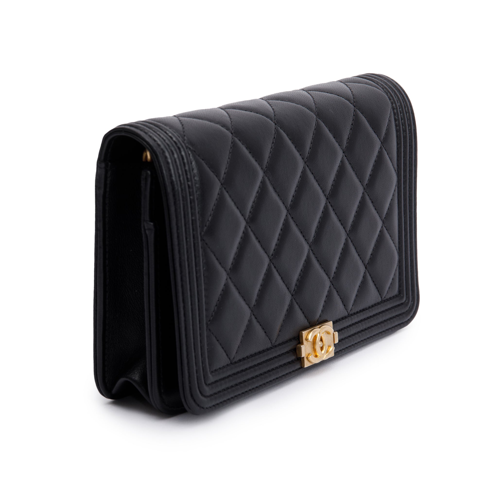 Chanel Black Lambskin Leather Boy Wallet on Chain w/ Box & Authenticity Card