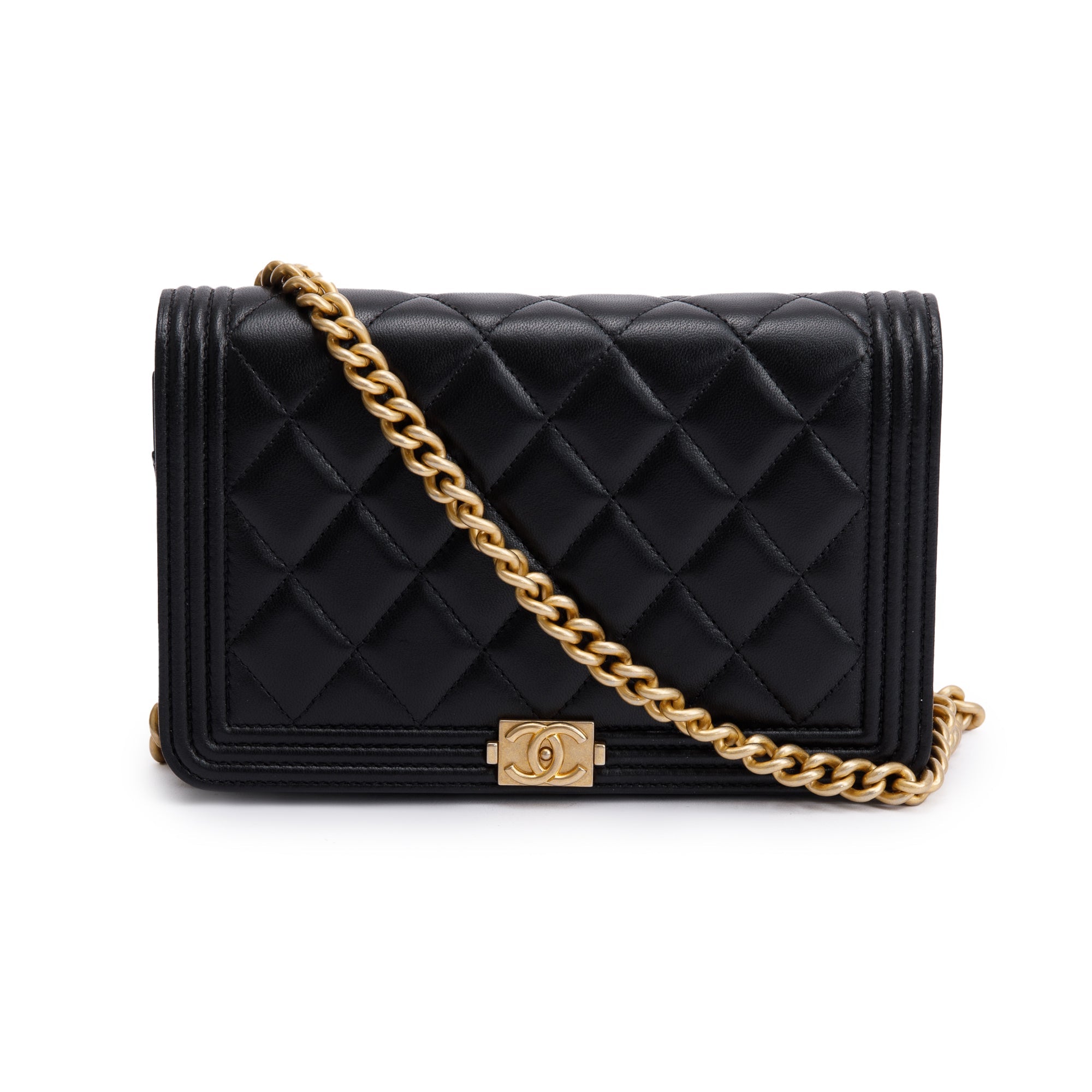 Chanel Black Lambskin Leather Boy Wallet on Chain w/ Box & Authenticity Card