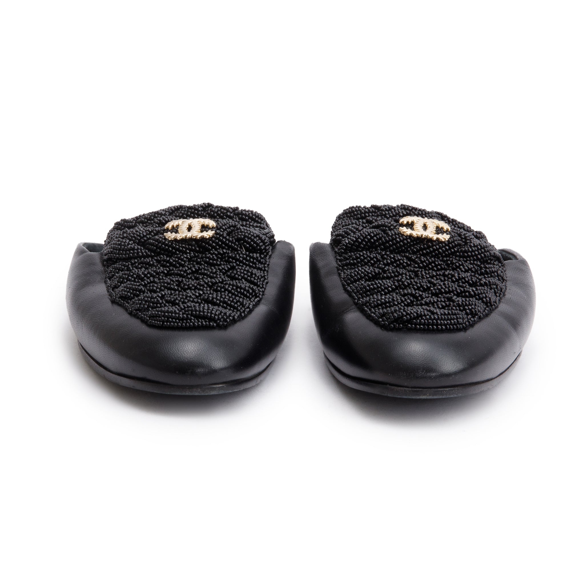 Chanel Black Lambskin Leather CC Beaded Flat Mules, Size 40