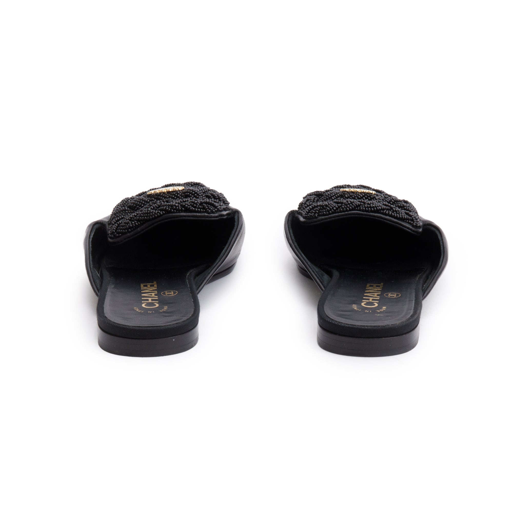 Chanel Black Lambskin Leather CC Beaded Flat Mules, Size 40