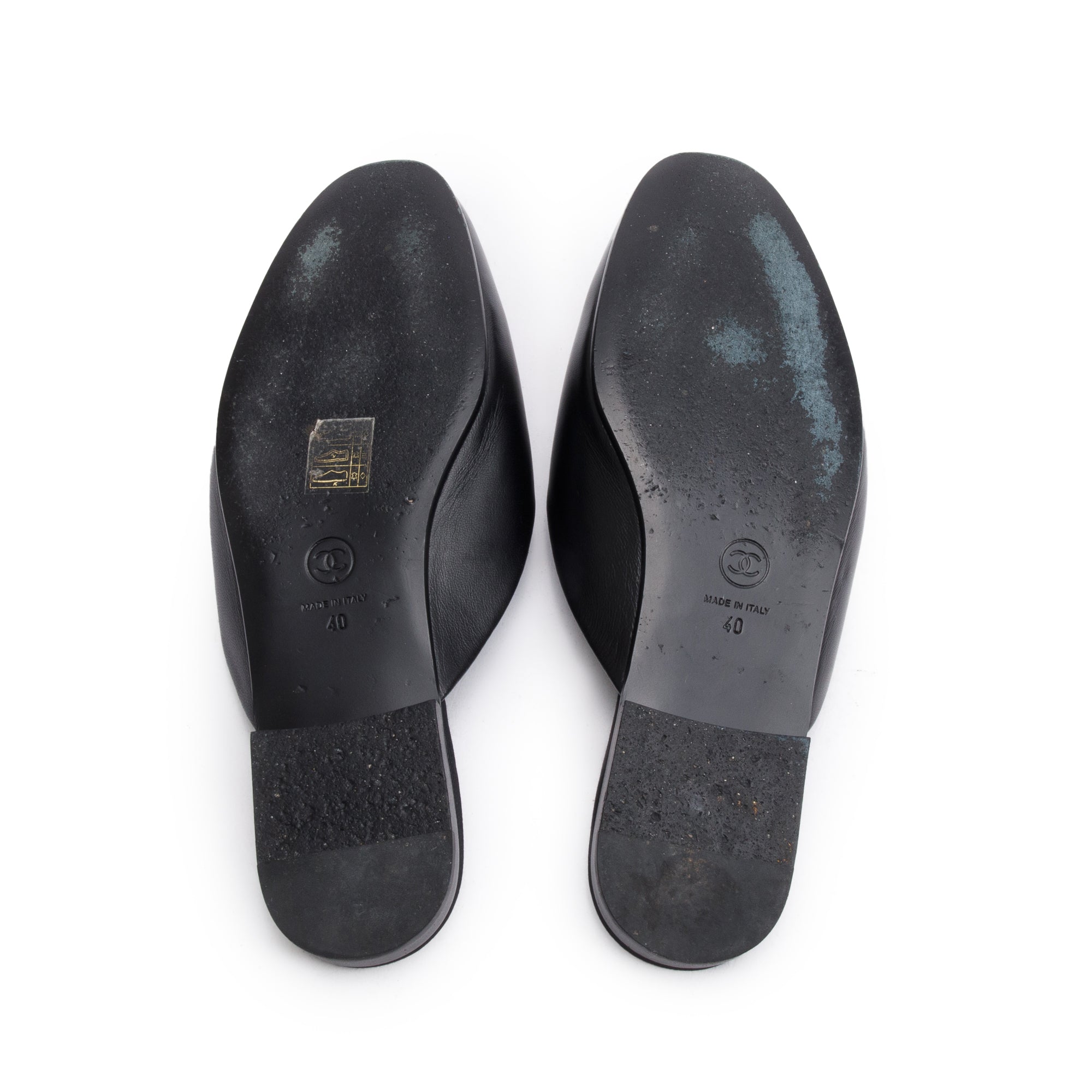 Chanel Black Lambskin Leather CC Beaded Flat Mules, Size 40