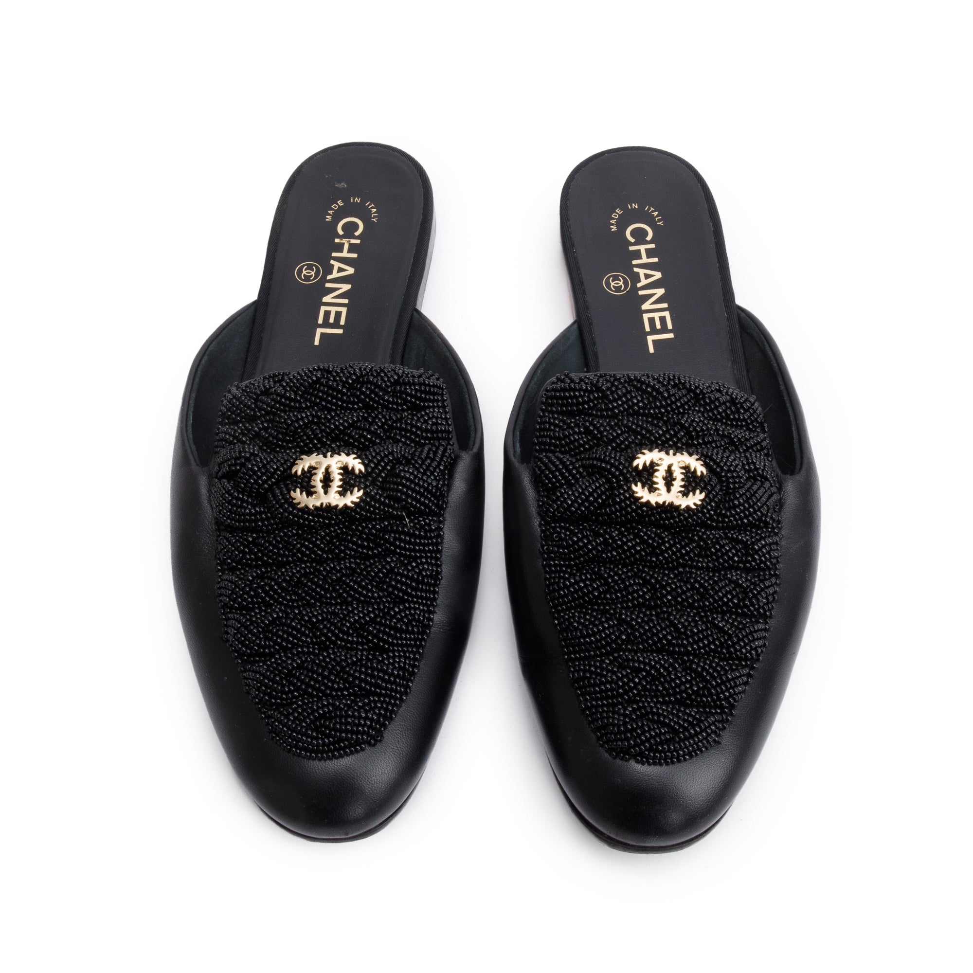 Chanel Black Lambskin Leather CC Beaded Flat Mules, Size 40