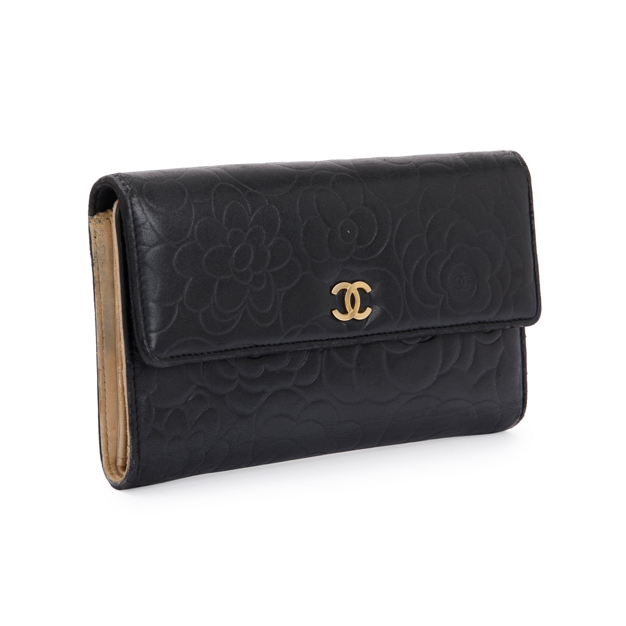 Chanel Black Lambskin Leather CC Logo Camellia Trifold Wallet w/ Authenticity Card