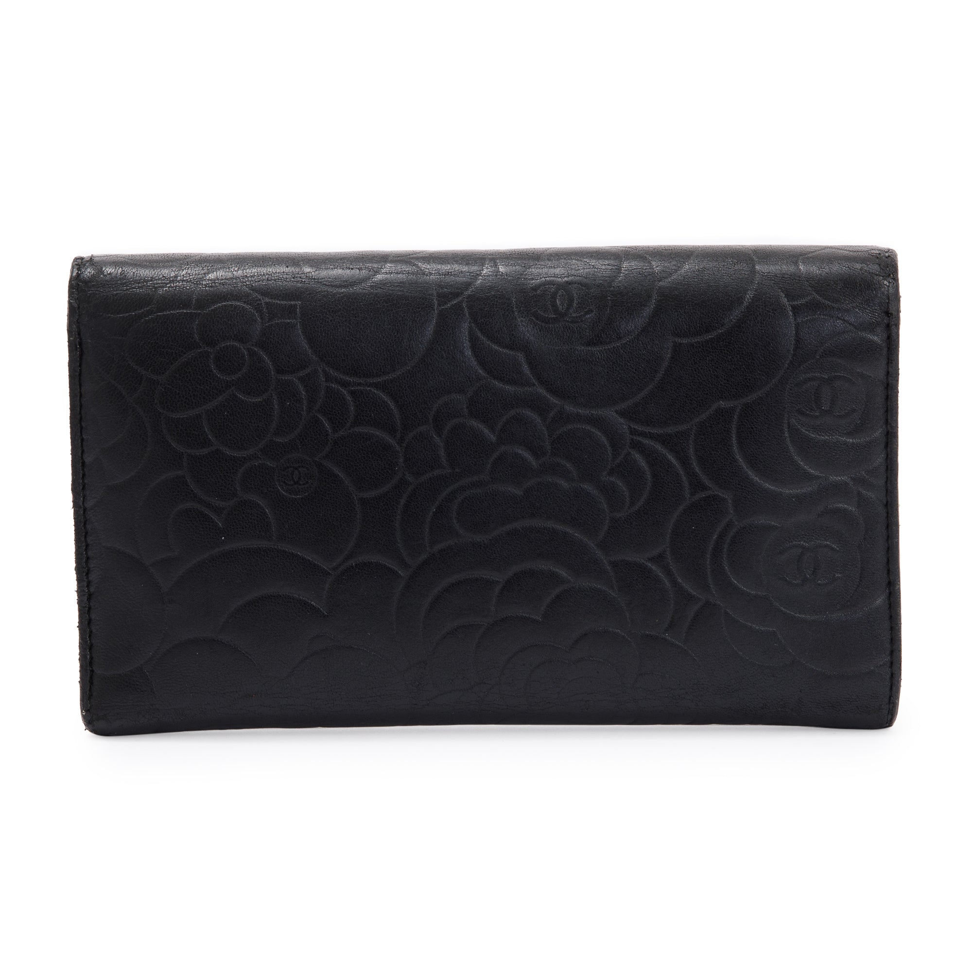 Chanel Black Lambskin Leather CC Logo Camellia Trifold Wallet w/ Authenticity Card