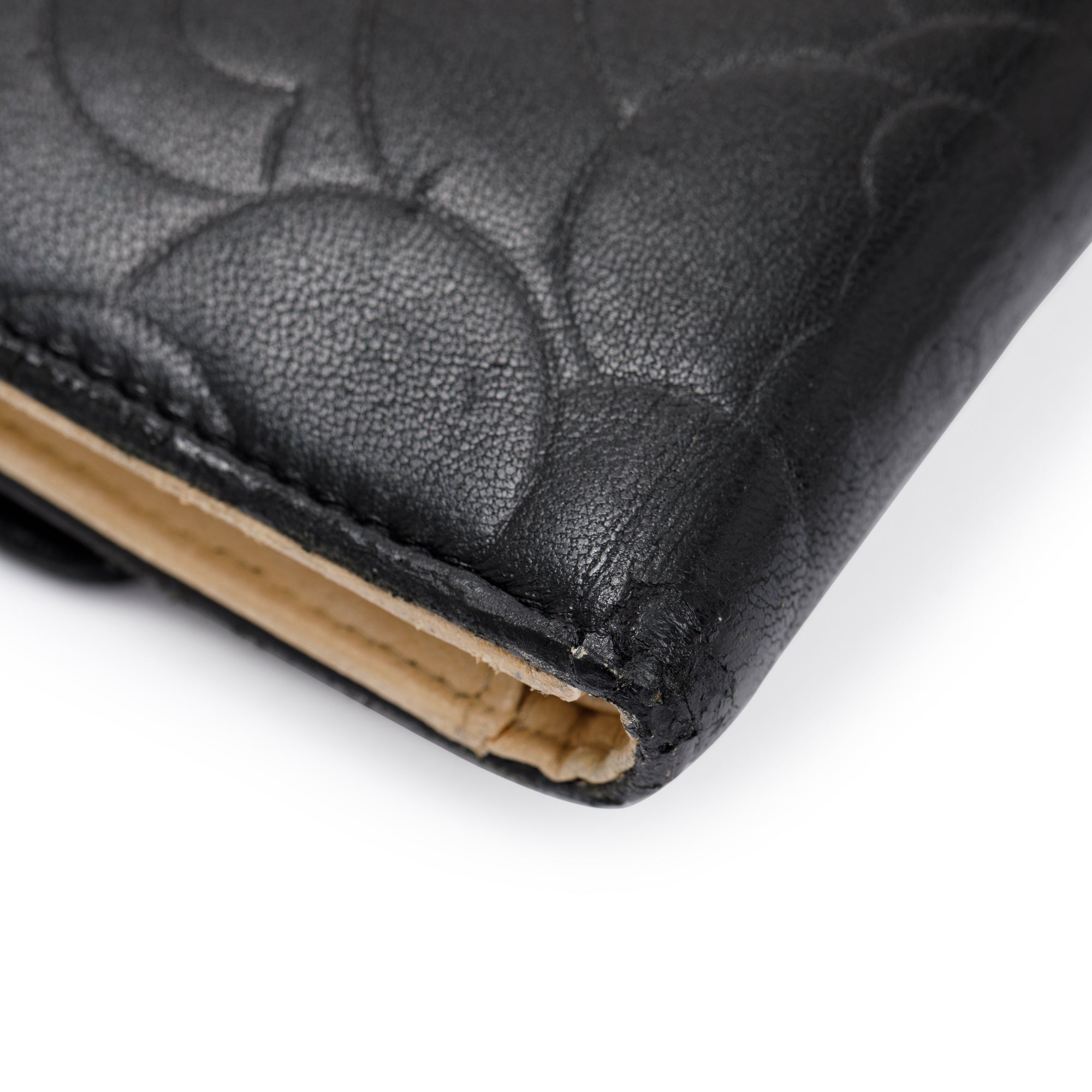 Chanel Black Lambskin Leather CC Logo Camellia Trifold Wallet w/ Authenticity Card
