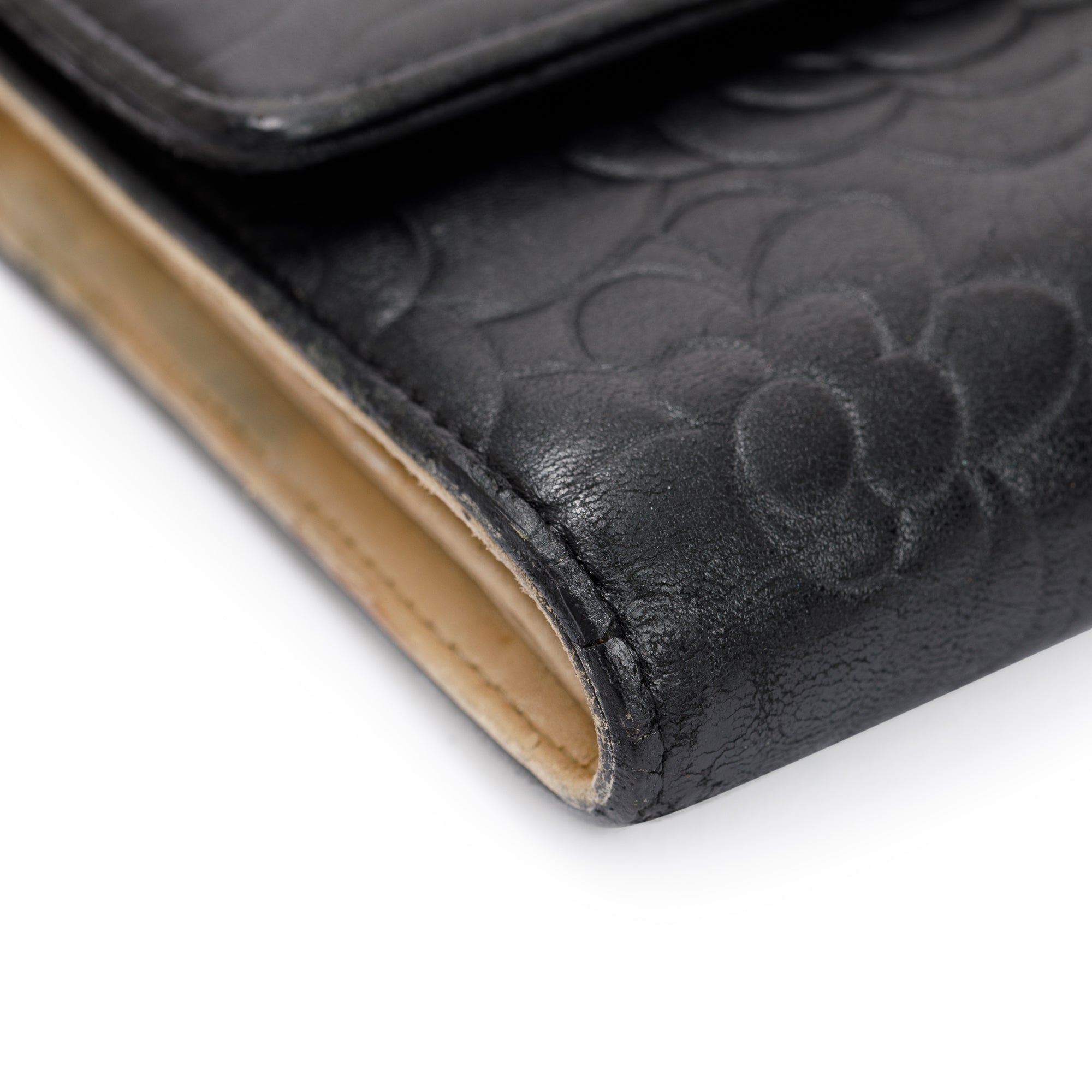 Chanel Black Lambskin Leather CC Logo Camellia Trifold Wallet w/ Authenticity Card