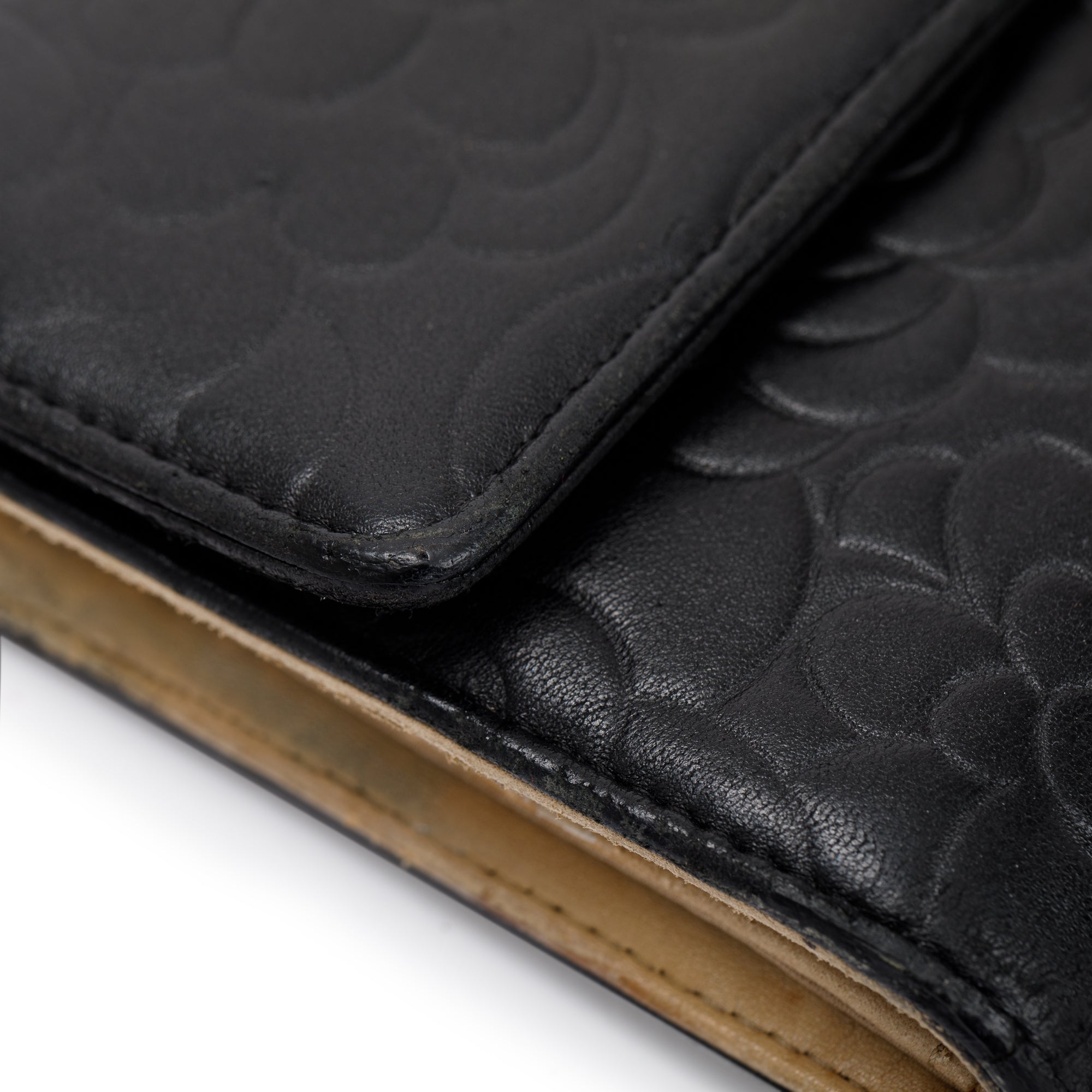 Chanel Black Lambskin Leather CC Logo Camellia Trifold Wallet w/ Authenticity Card