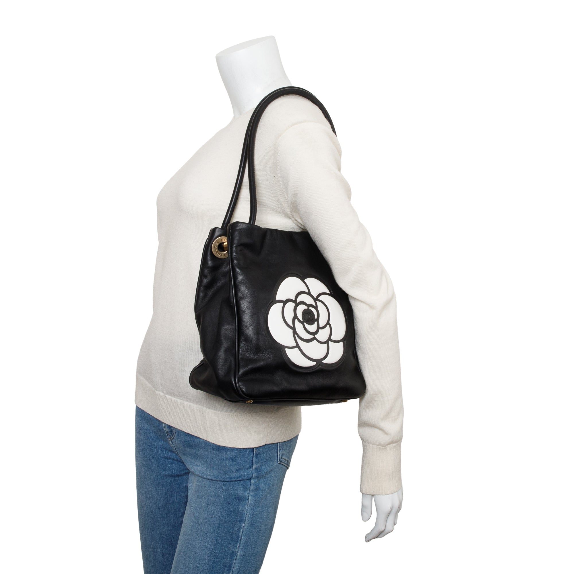 Chanel Black Lambskin Leather Camellia Logo Tote Bag