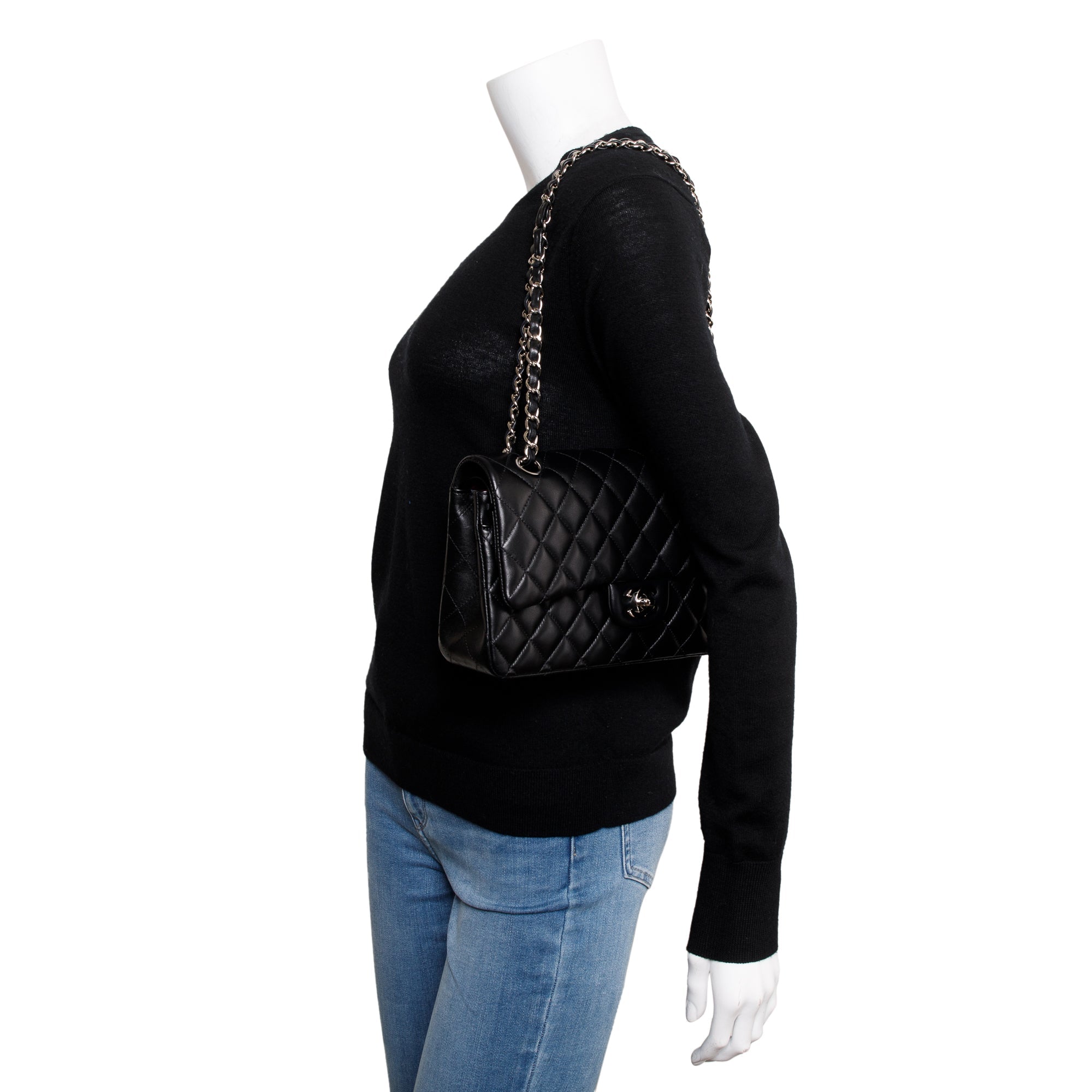 Chanel Black Lambskin Leather Classic Medium Double Flap Bag w/ Box & Authenticity Card