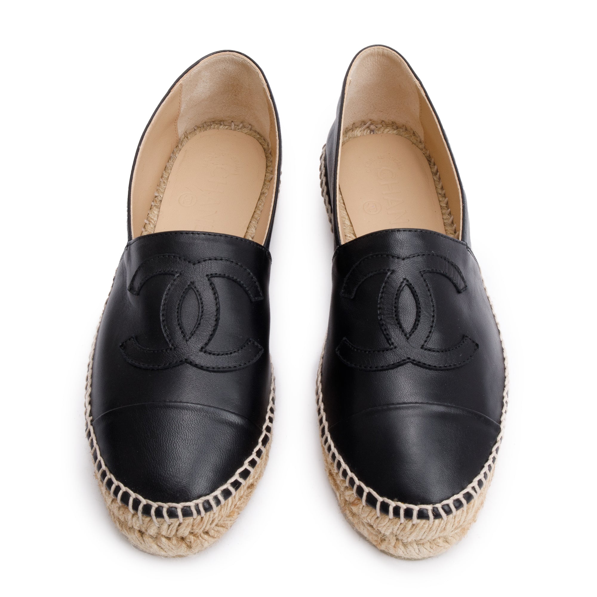 Chanel Black Lambskin Leather Interlocking CC Logo Espadrilles, Size 36 w/ Box