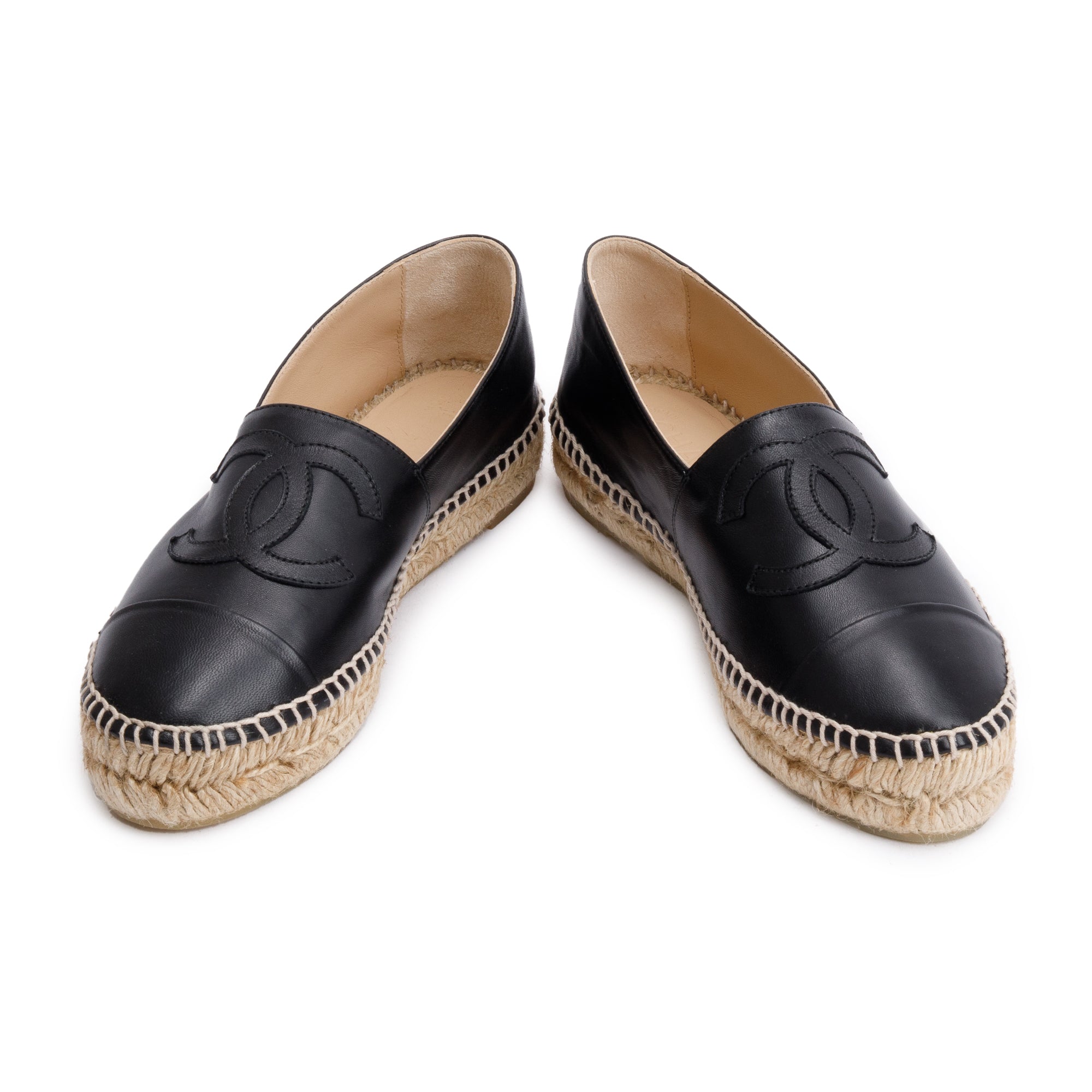 Chanel Black Lambskin Leather Interlocking CC Logo Espadrilles, Size 36 w/ Box