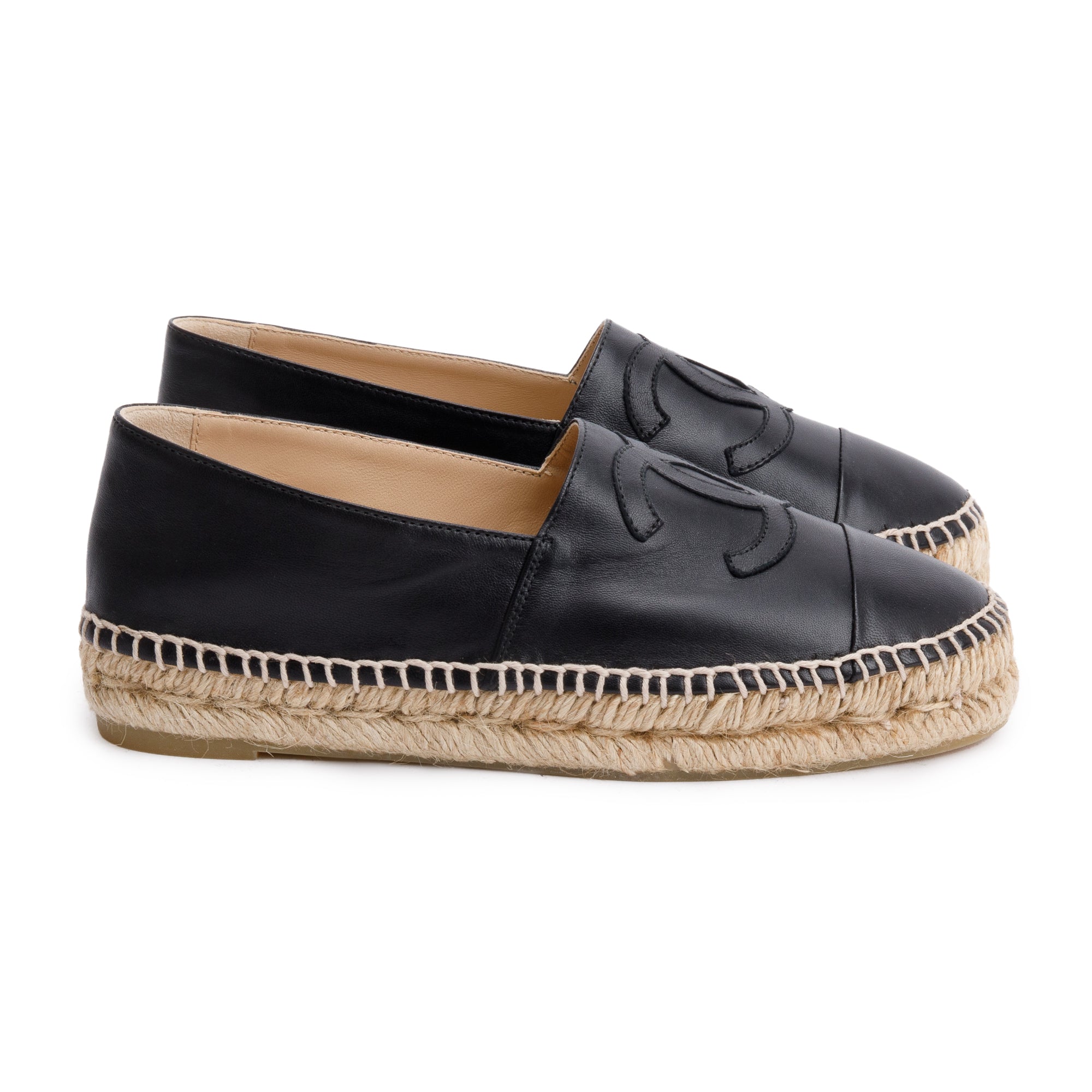 Chanel Black Lambskin Leather Interlocking CC Logo Espadrilles, Size 36 w/ Box