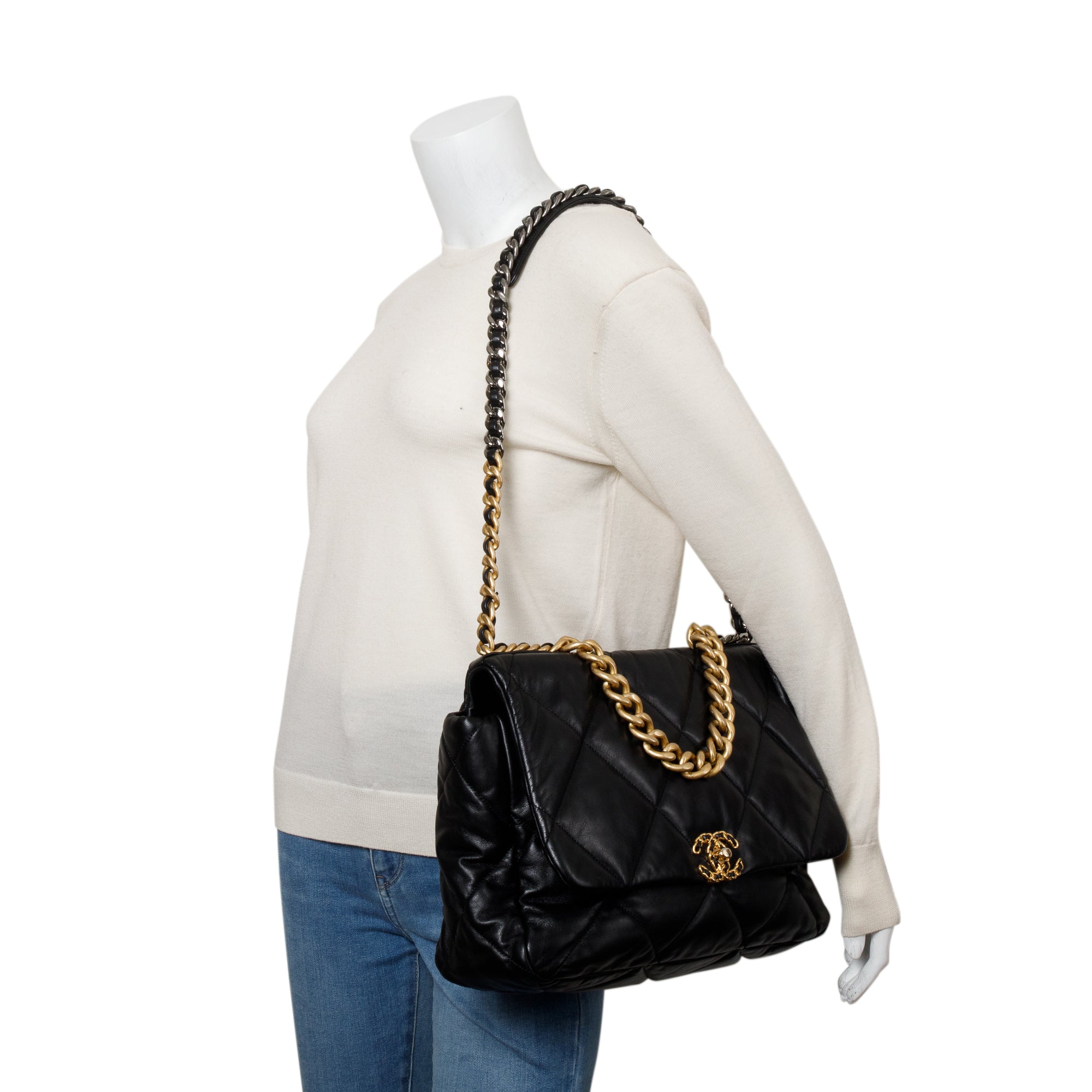 Chanel Black Lambskin Leather Maxi 19 Flap Bag w/ Authenticity Card