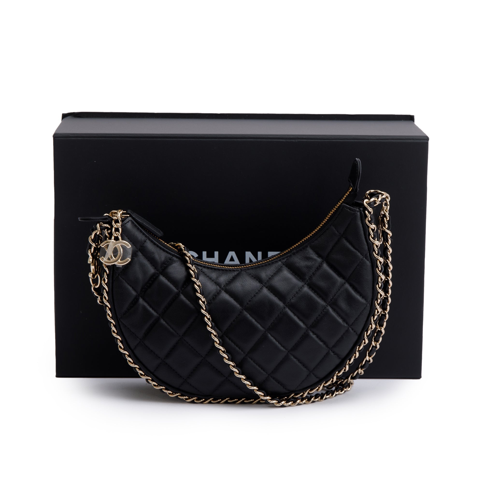 Chanel Black Lambskin Leather Small Chain Around Hobo Bag w/ Box